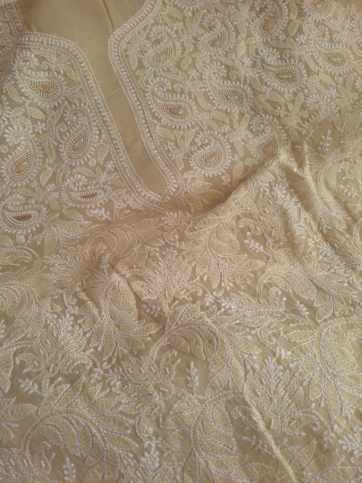 Beige Cotton Full suit with Pearl and Zari work