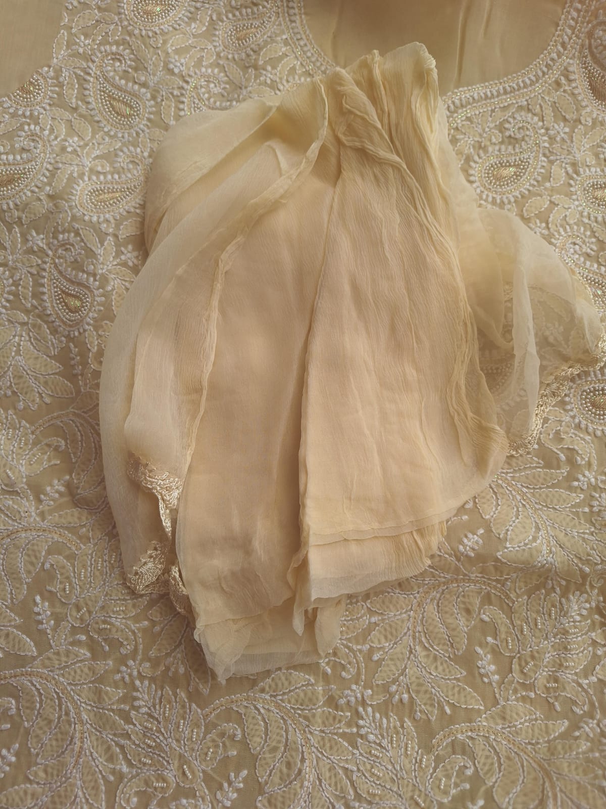 Beige Cotton Full suit with Pearl and Zari work