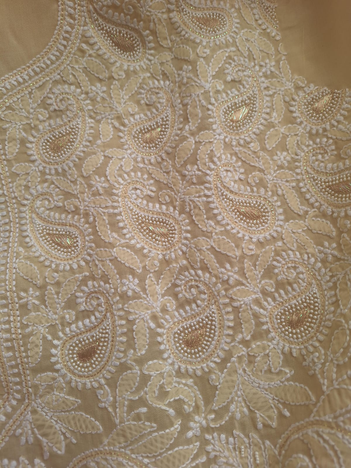 Beige Cotton Full suit with Pearl and Zari work