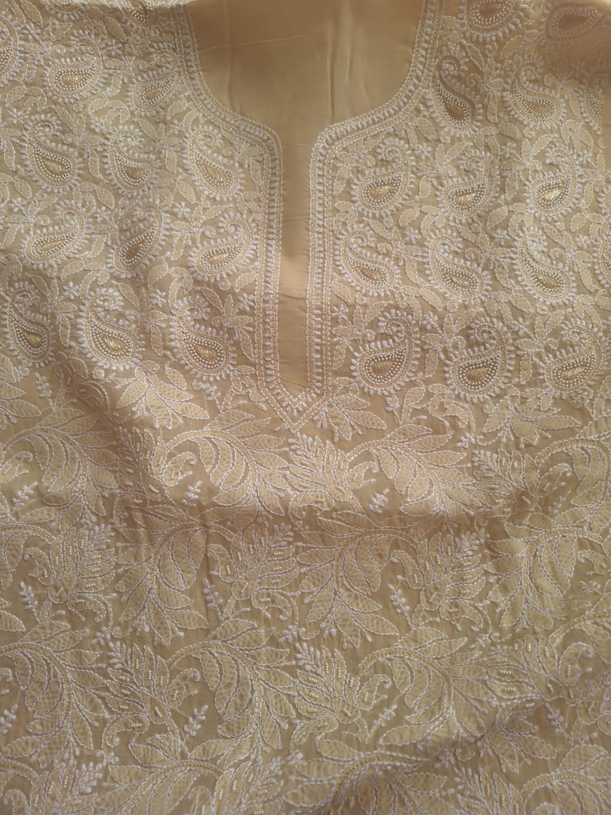 Beige Cotton Full suit with Pearl and Zari work