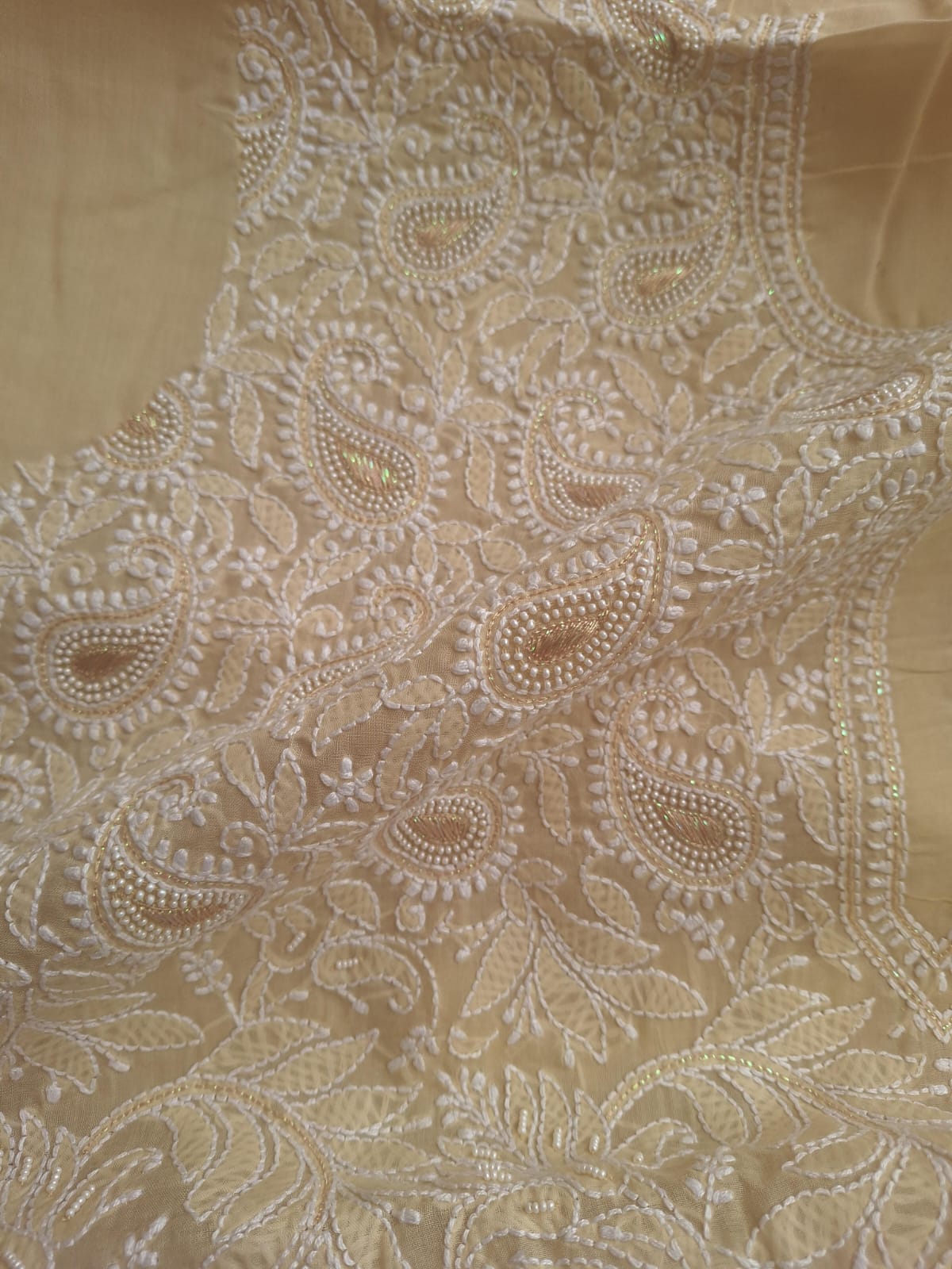 Beige Cotton Full suit with Pearl and Zari work