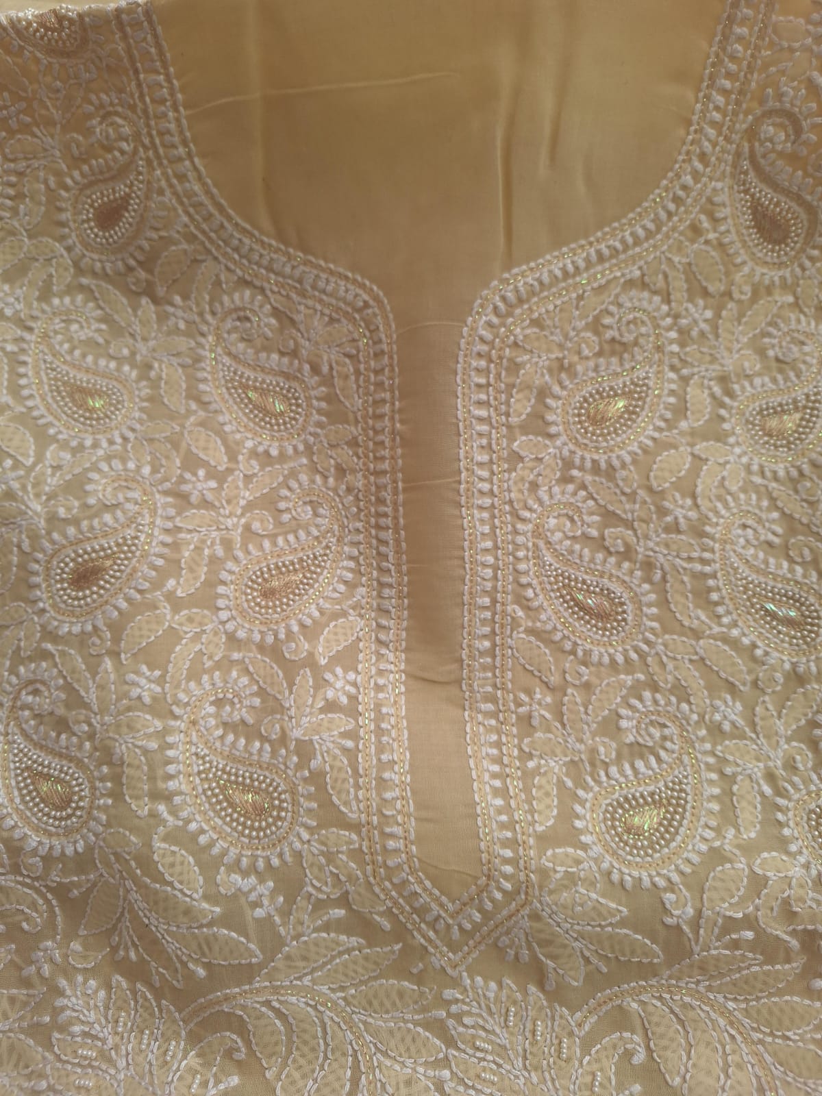 Beige Cotton Full suit with Pearl and Zari work