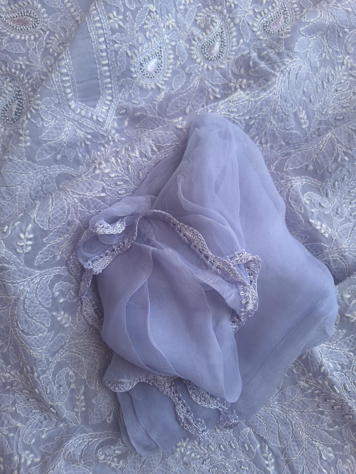 Lavender Cotton Full suit with Pearl And zari work