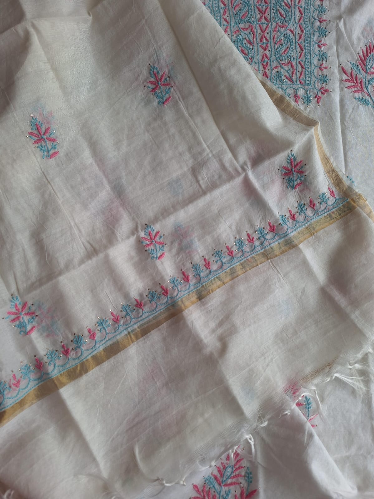 Chanderi Kurta and Dupatta with Colored chikankari and Mukaish
