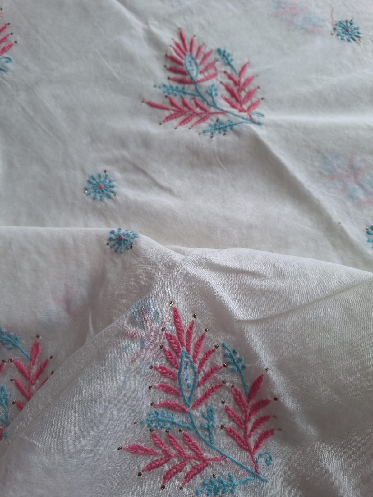 Chanderi Kurta and Dupatta with Colored chikankari and Mukaish