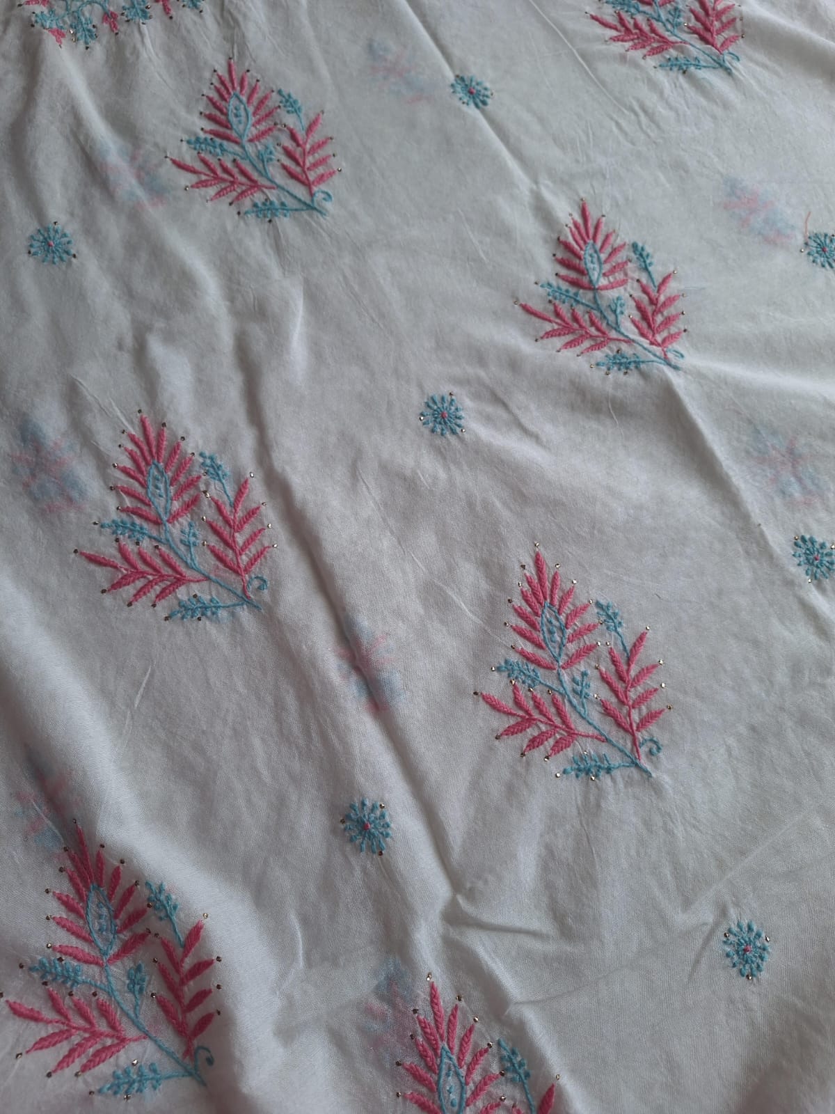 Chanderi Kurta and Dupatta with Colored chikankari and Mukaish