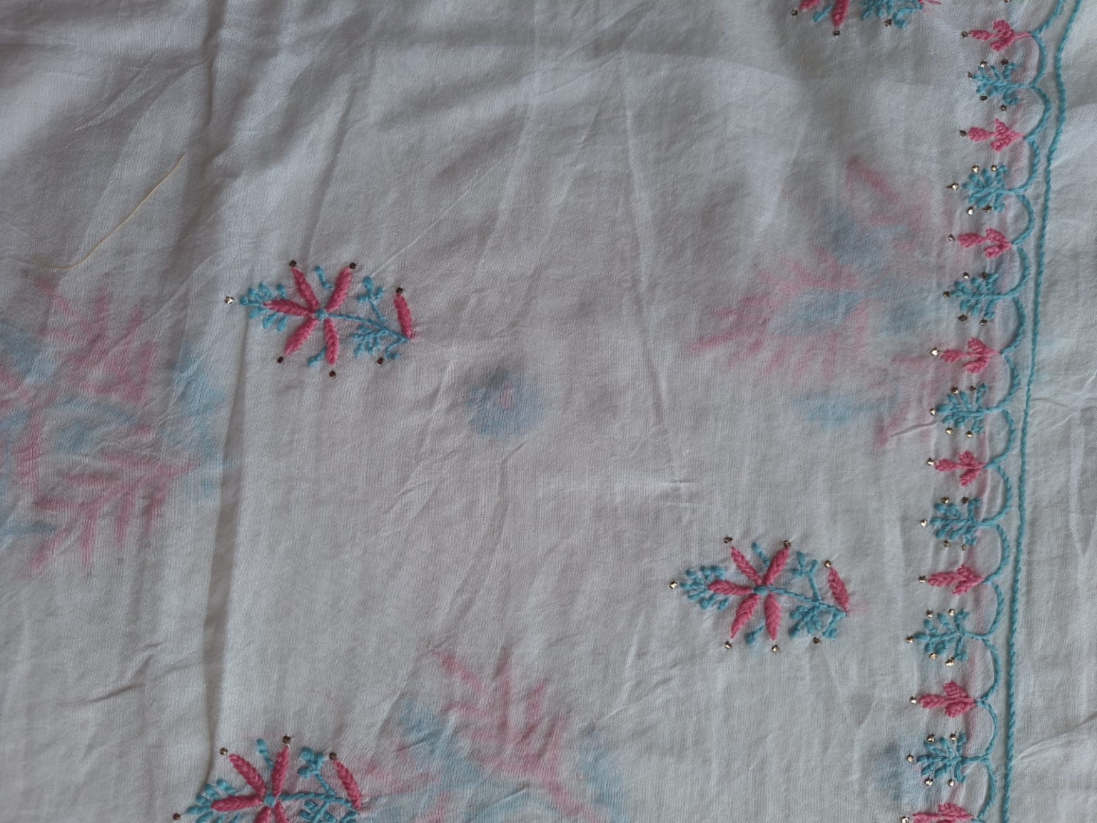 Chanderi Kurta and Dupatta with Colored chikankari and Mukaish