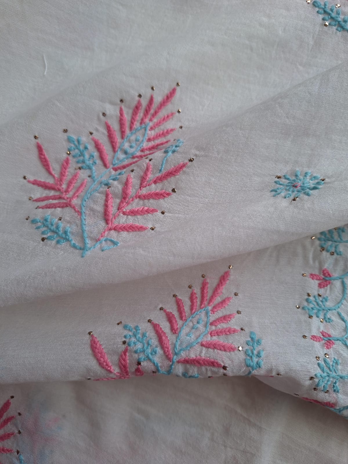 Chanderi Kurta and Dupatta with Colored chikankari and Mukaish