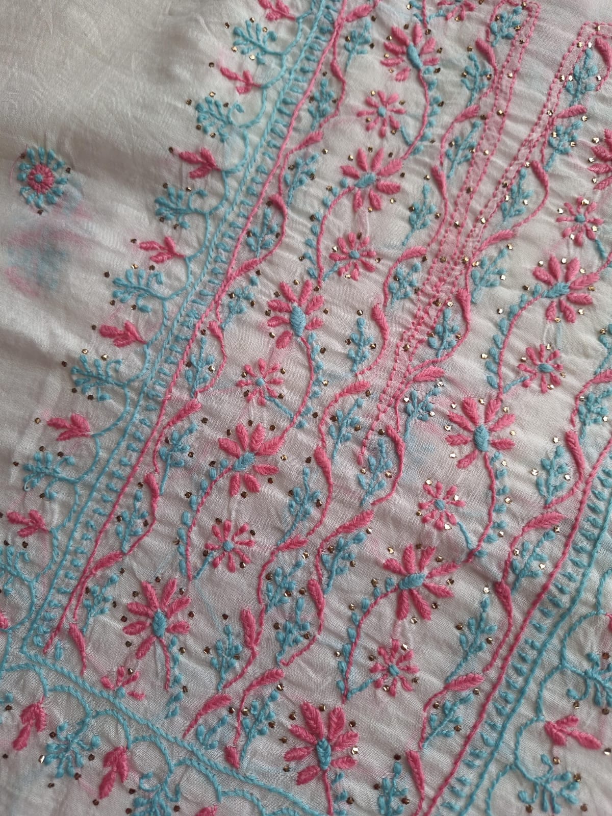 Chanderi Kurta and Dupatta with Colored chikankari and Mukaish
