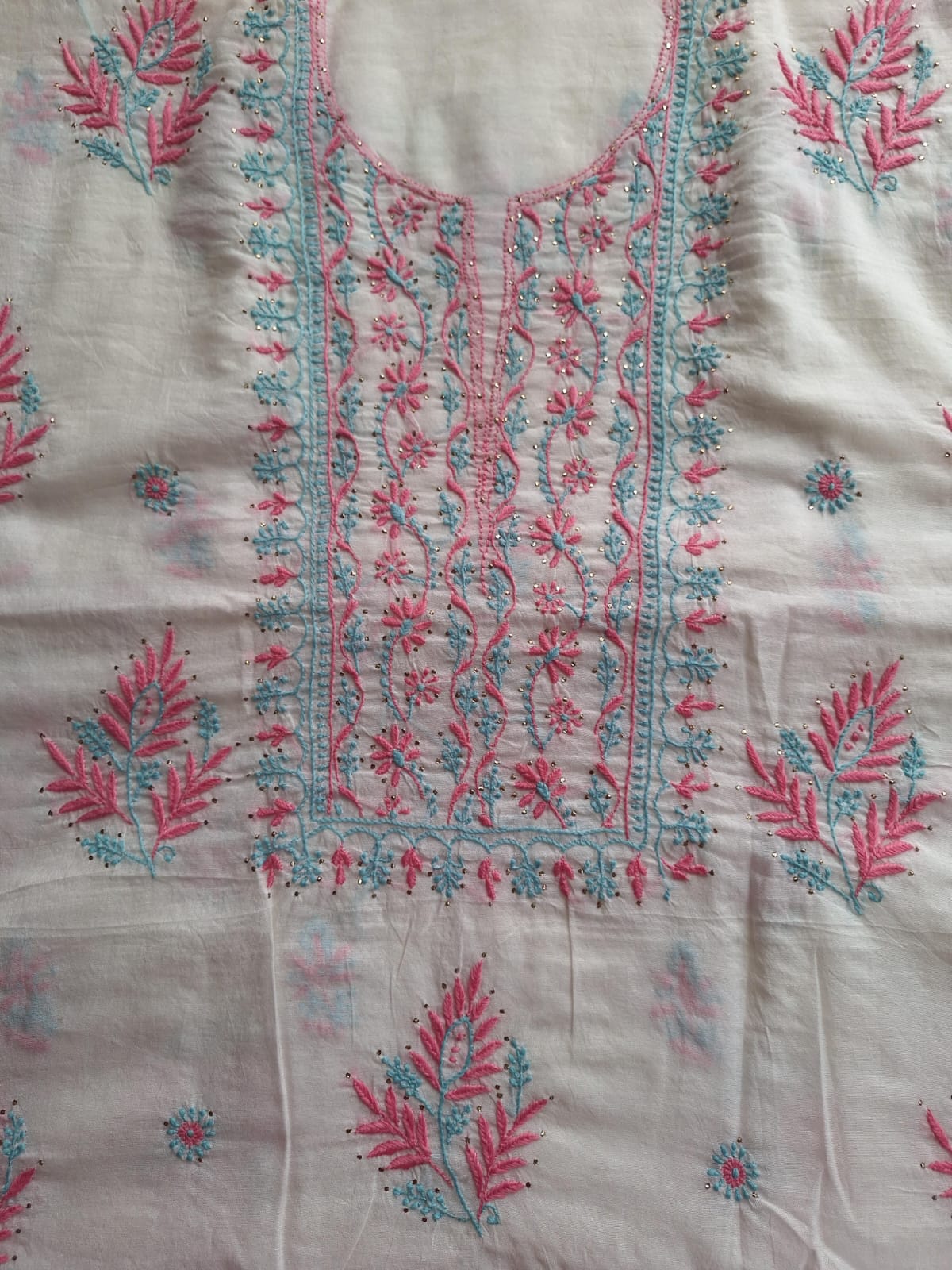 Chanderi Kurta and Dupatta with Colored chikankari and Mukaish