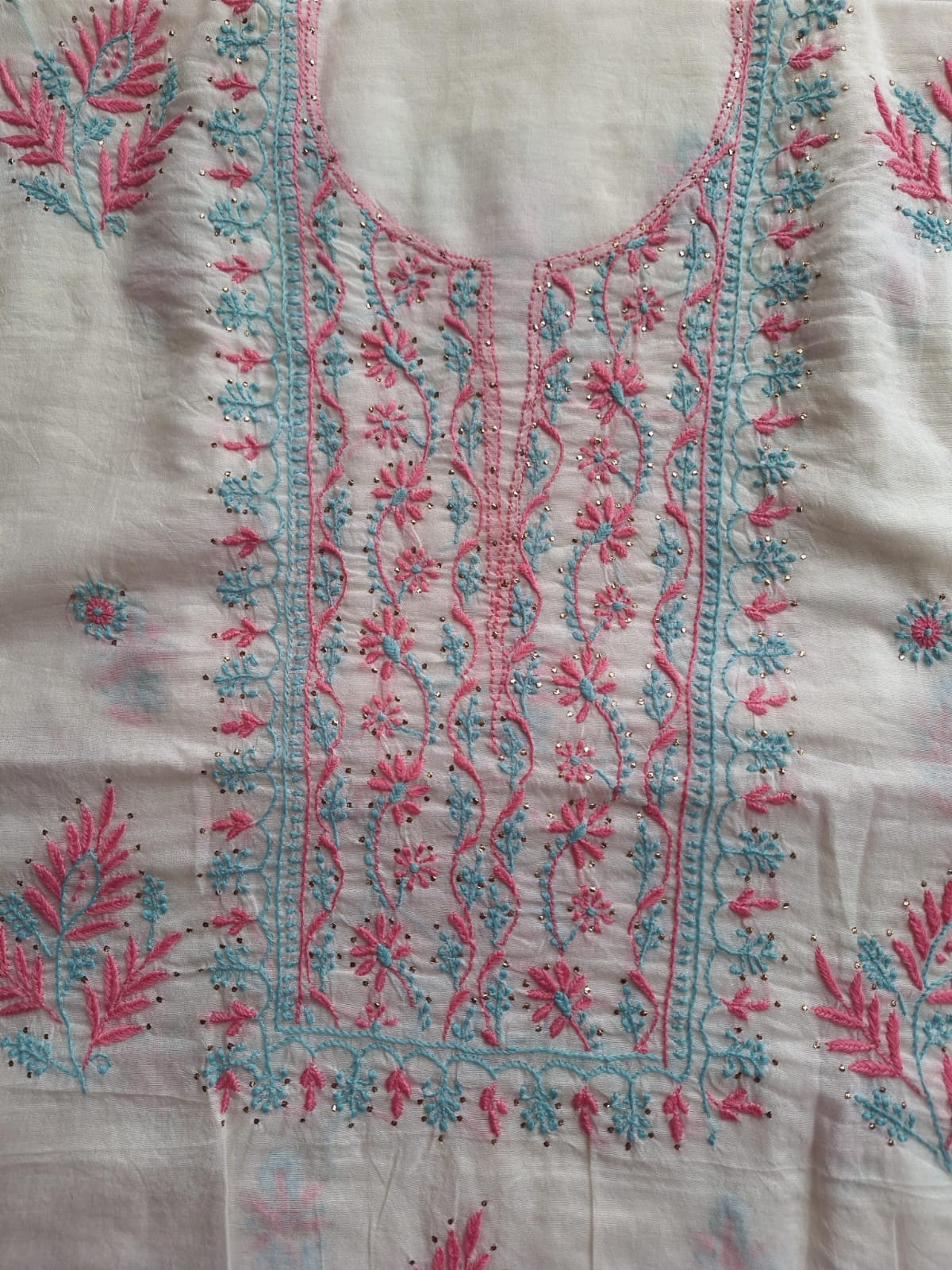 Chanderi Kurta and Dupatta with Colored chikankari and Mukaish