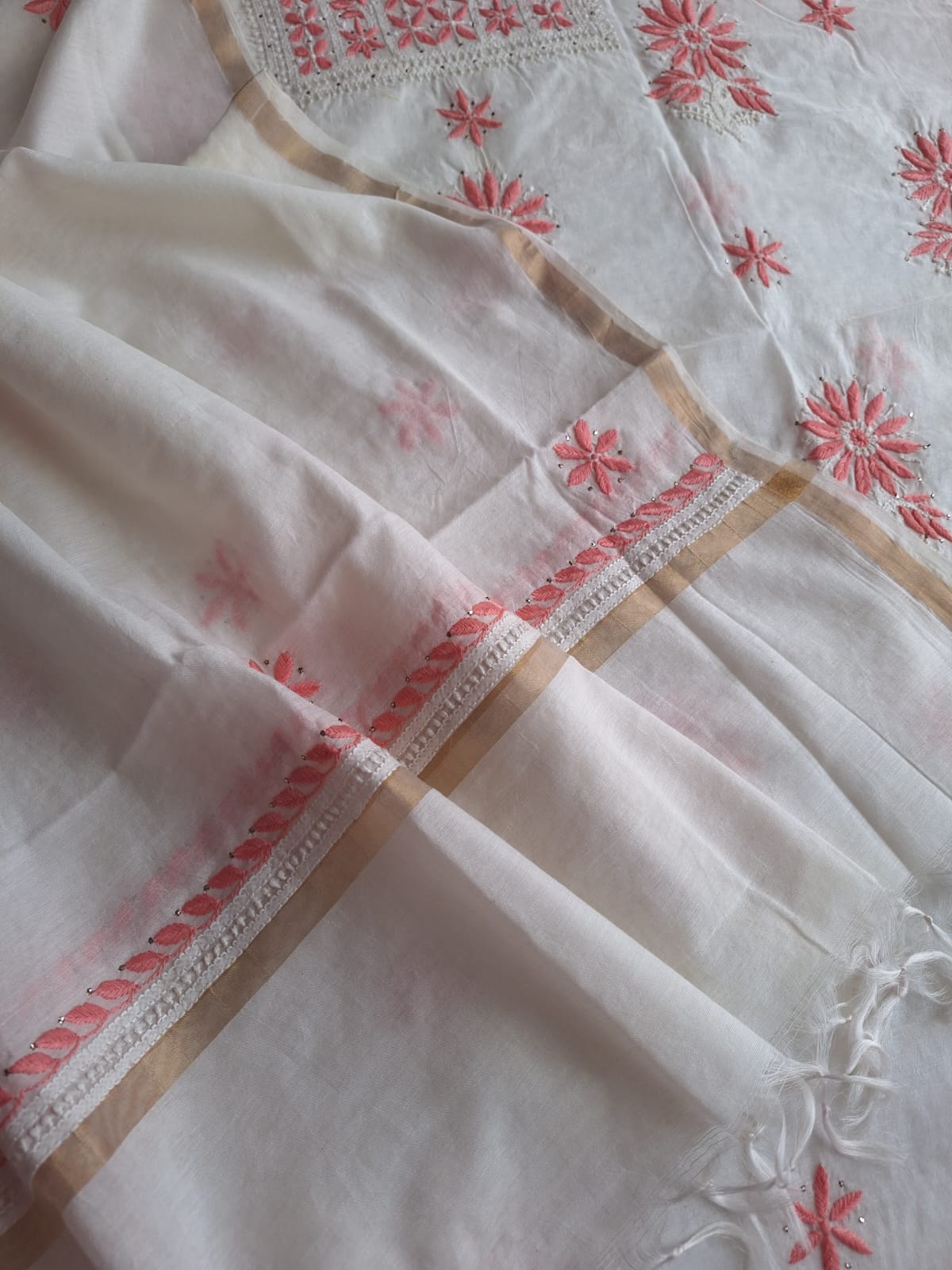 Chanderi Kurta and Dupatta set with Multicolored chikankari and mukaish