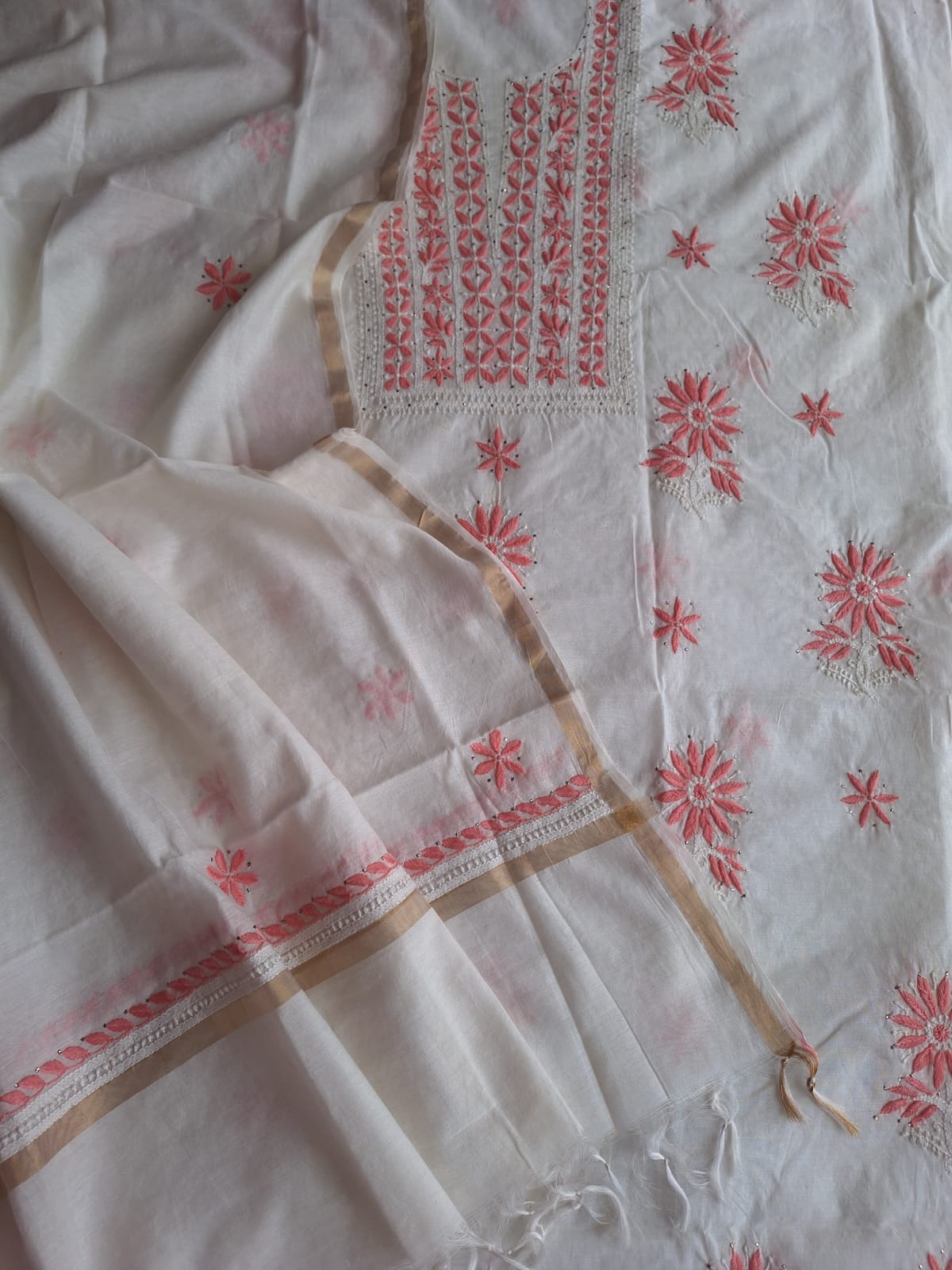 Chanderi Kurta and Dupatta set with Multicolored chikankari and mukaish