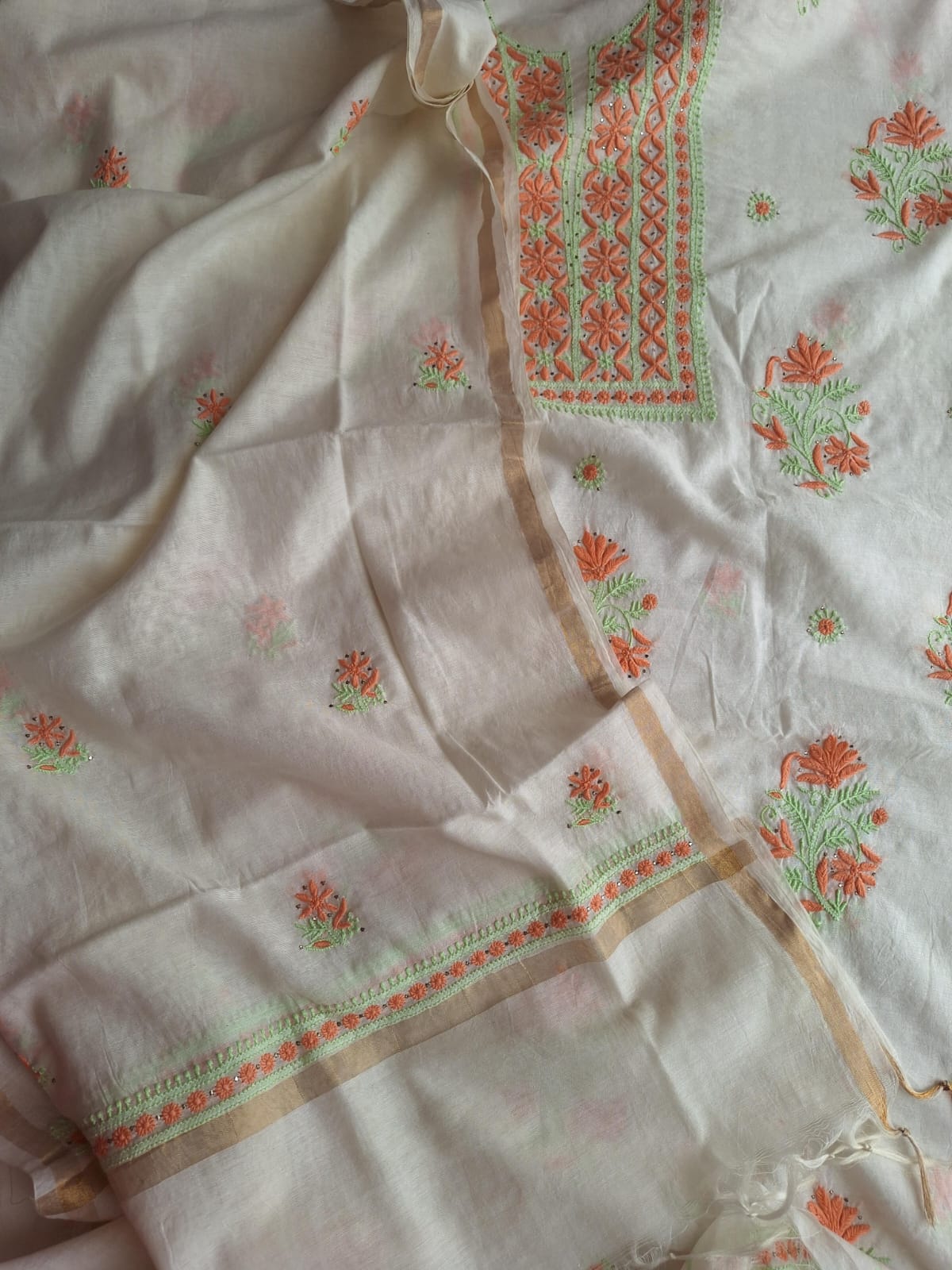 Chanderi Kurta and Dupatta with Multicolored chikanakari and Mukaish