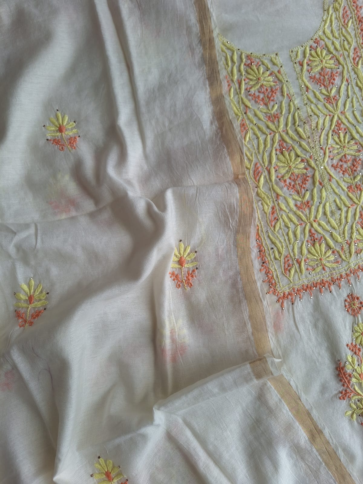 Chanderi Kurta and Dupatta with Multicolored chikankari and Mukaish