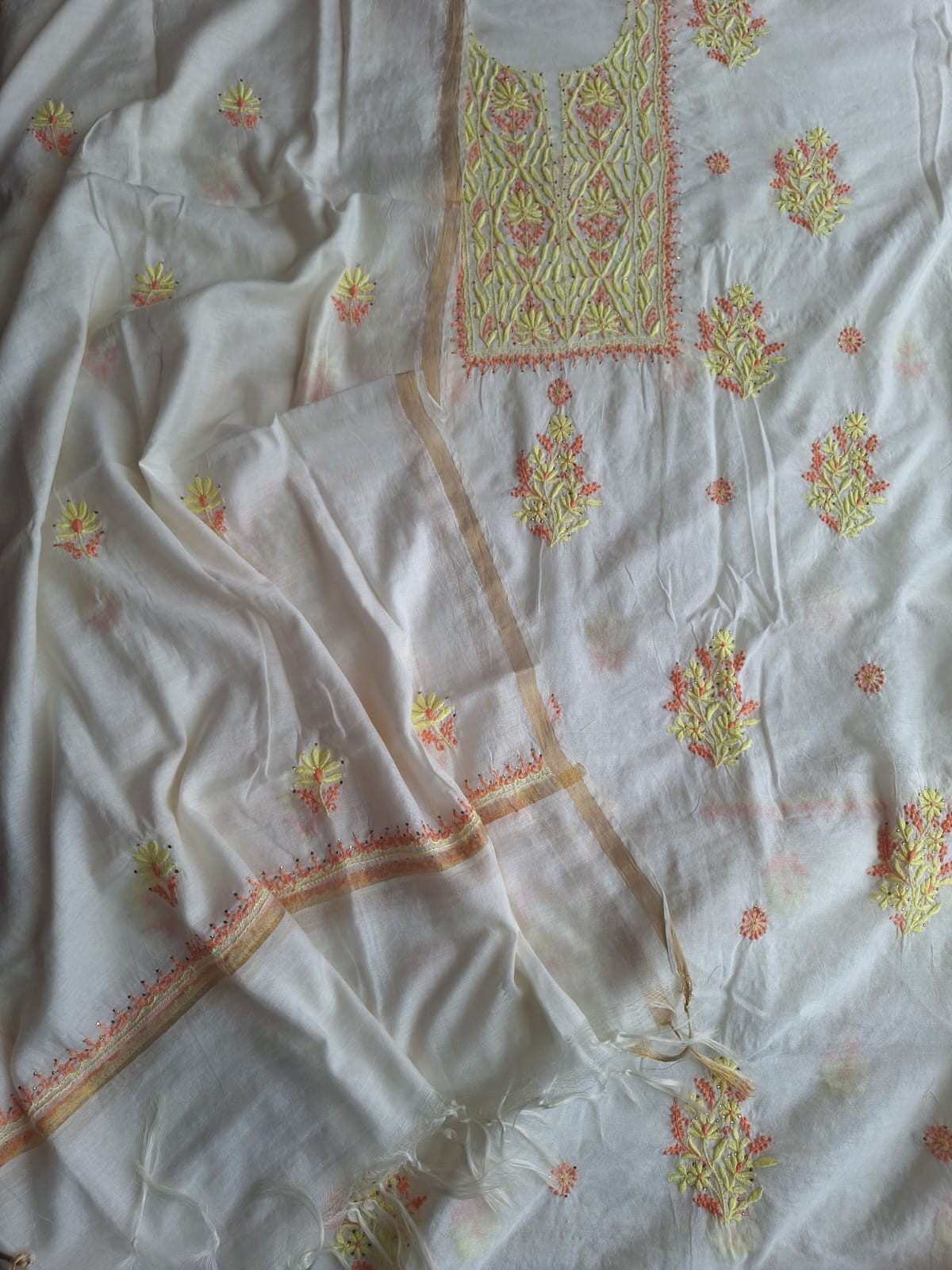 Chanderi Kurta and Dupatta with Multicolored chikankari and Mukaish