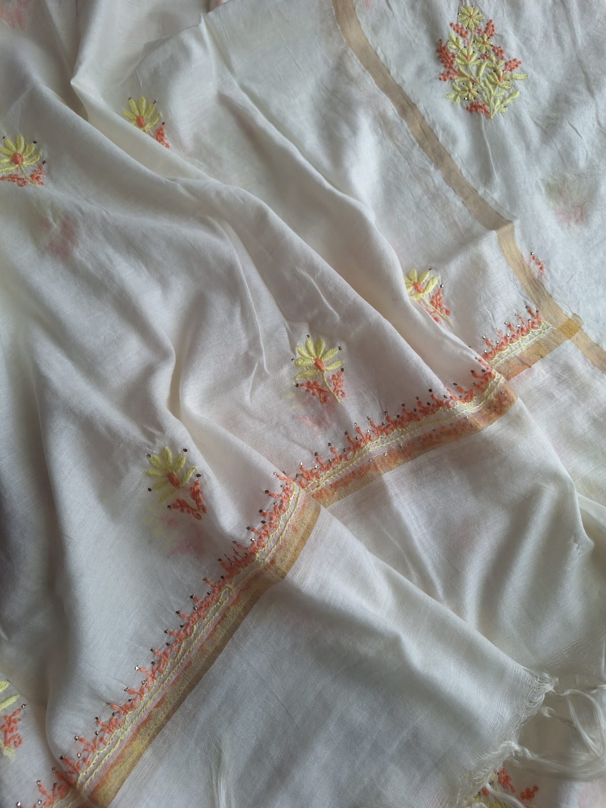 Chanderi Kurta and Dupatta with Multicolored chikankari and Mukaish