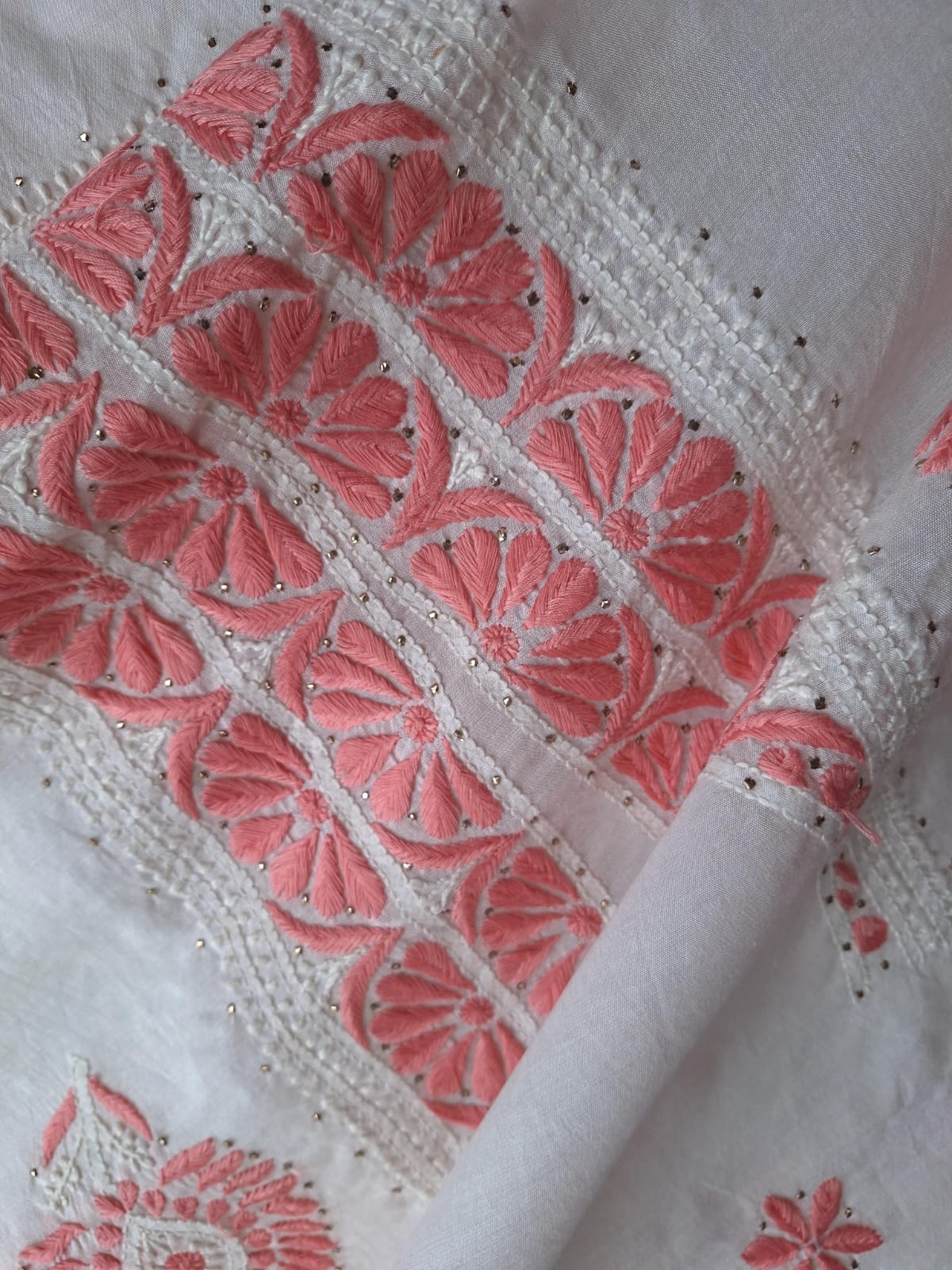Chanderi Kurta and dupatta with multicolored chikankari and Mukaish