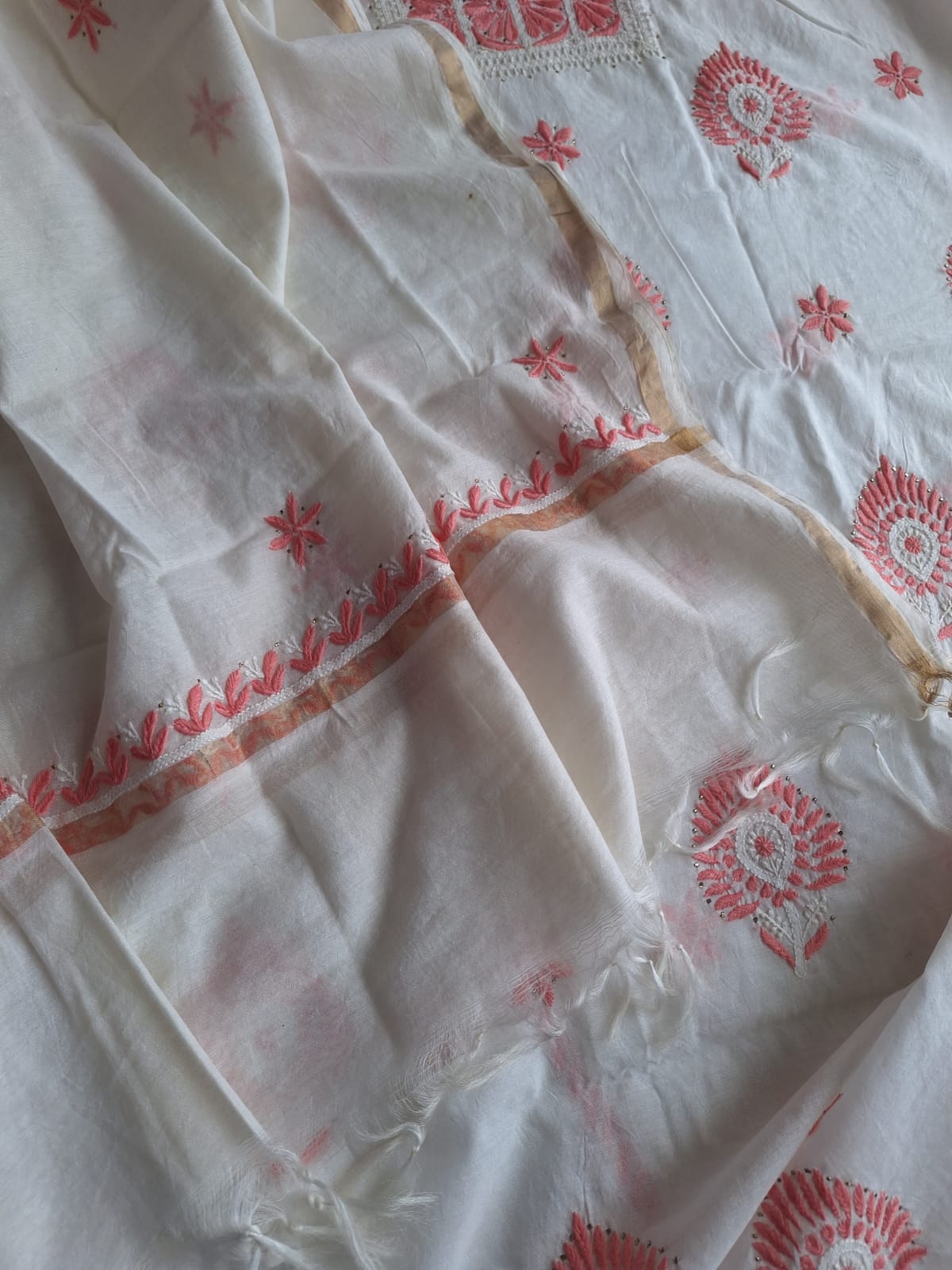 Chanderi Kurta and dupatta with multicolored chikankari and Mukaish
