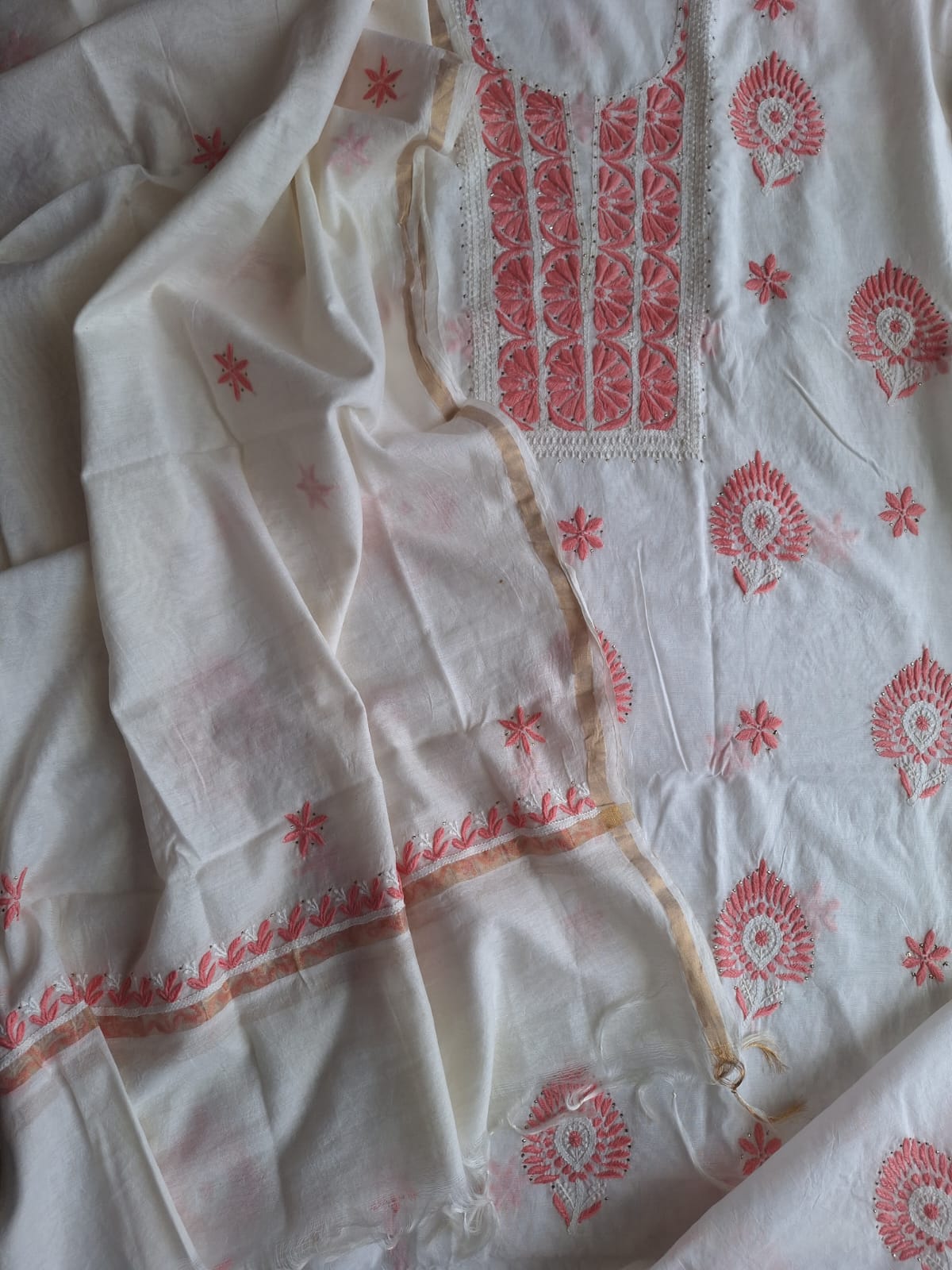Chanderi Kurta and dupatta with multicolored chikankari and Mukaish