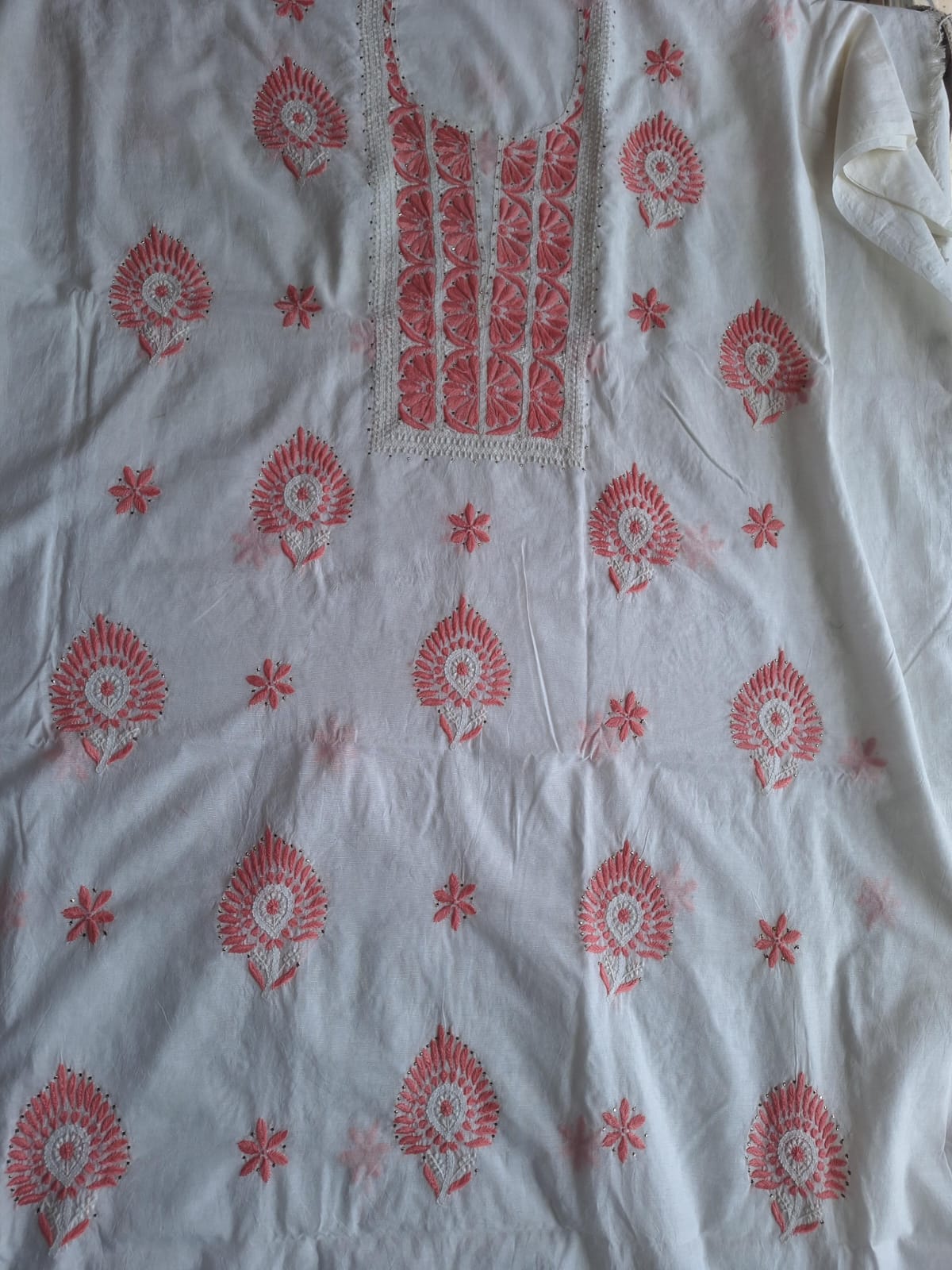 Chanderi Kurta and dupatta with multicolored chikankari and Mukaish