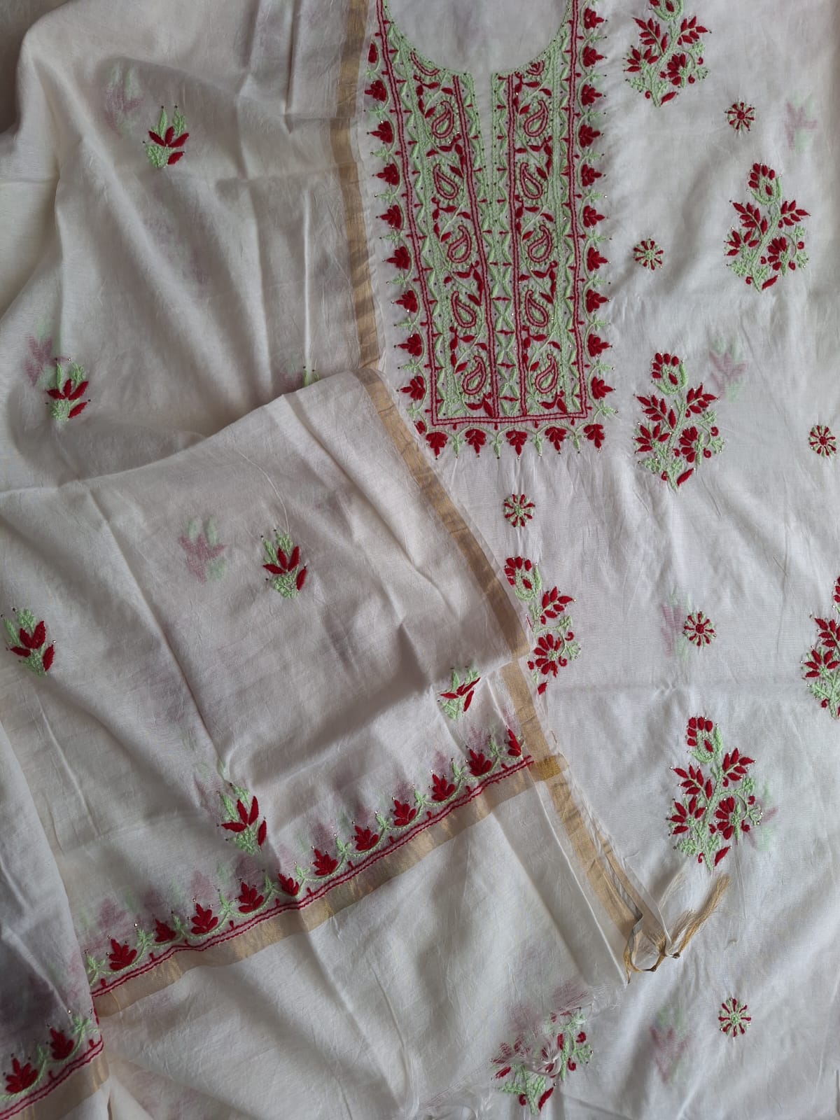 Chanderi Kurta and dupatta set with Multicolored chikankari with mukaish