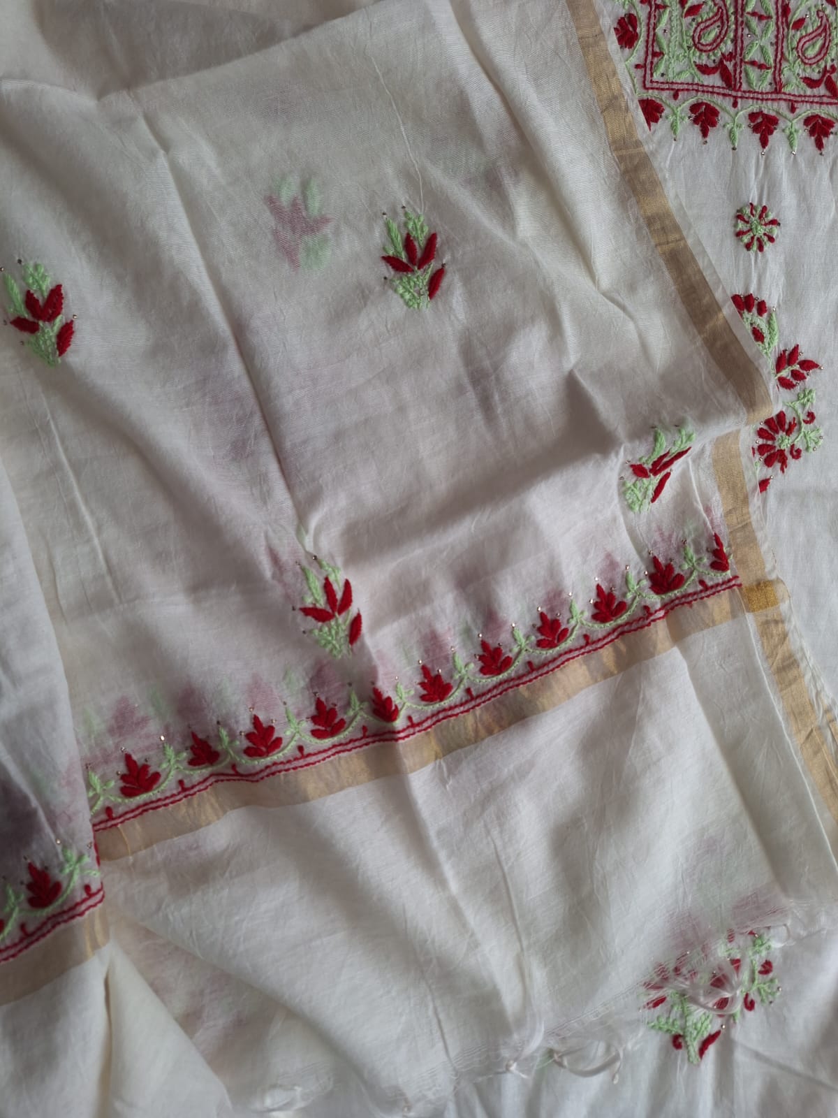 Chanderi Kurta and dupatta set with Multicolored chikankari with mukaish