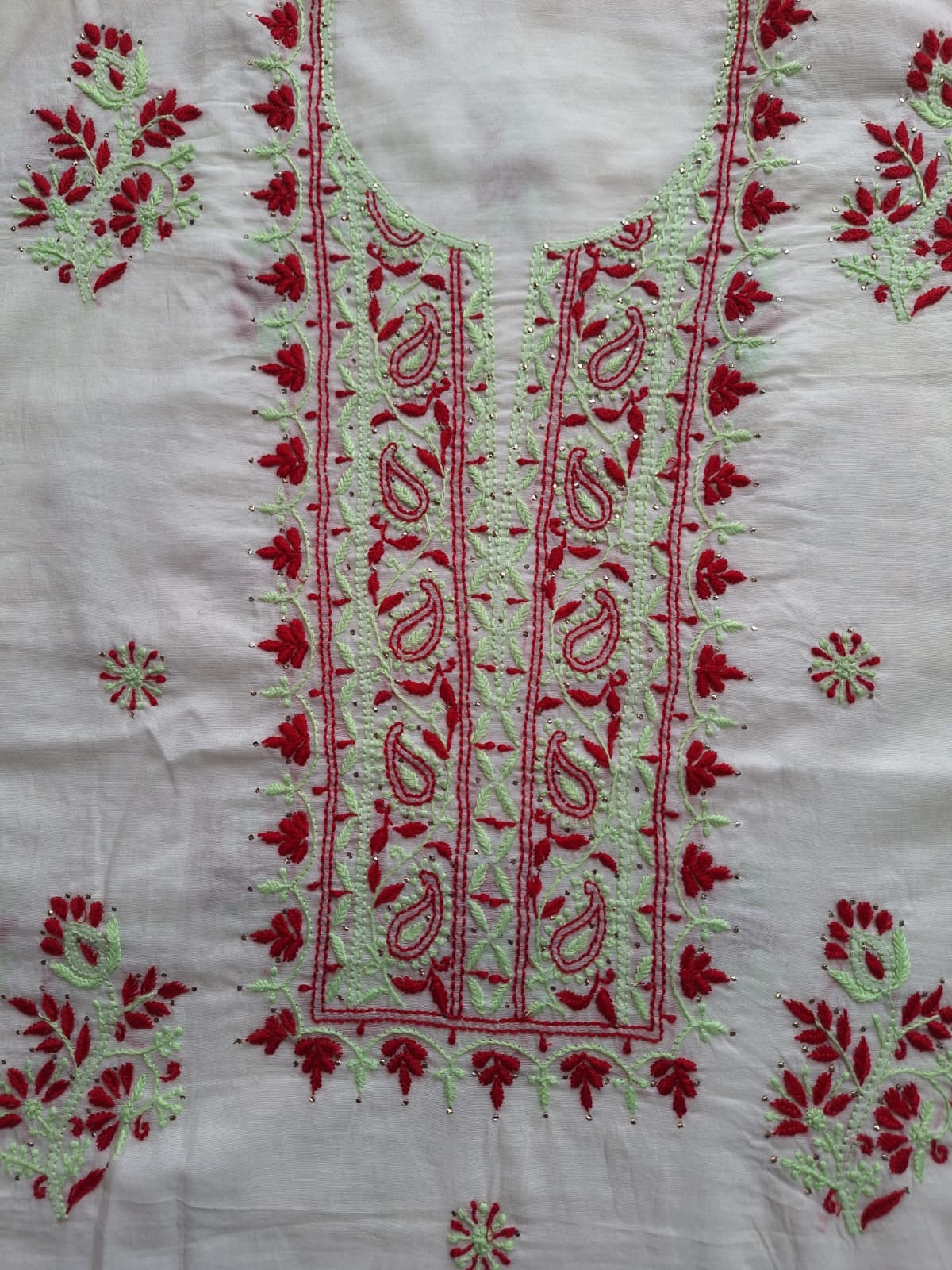 Chanderi Kurta and dupatta set with Multicolored chikankari with mukaish
