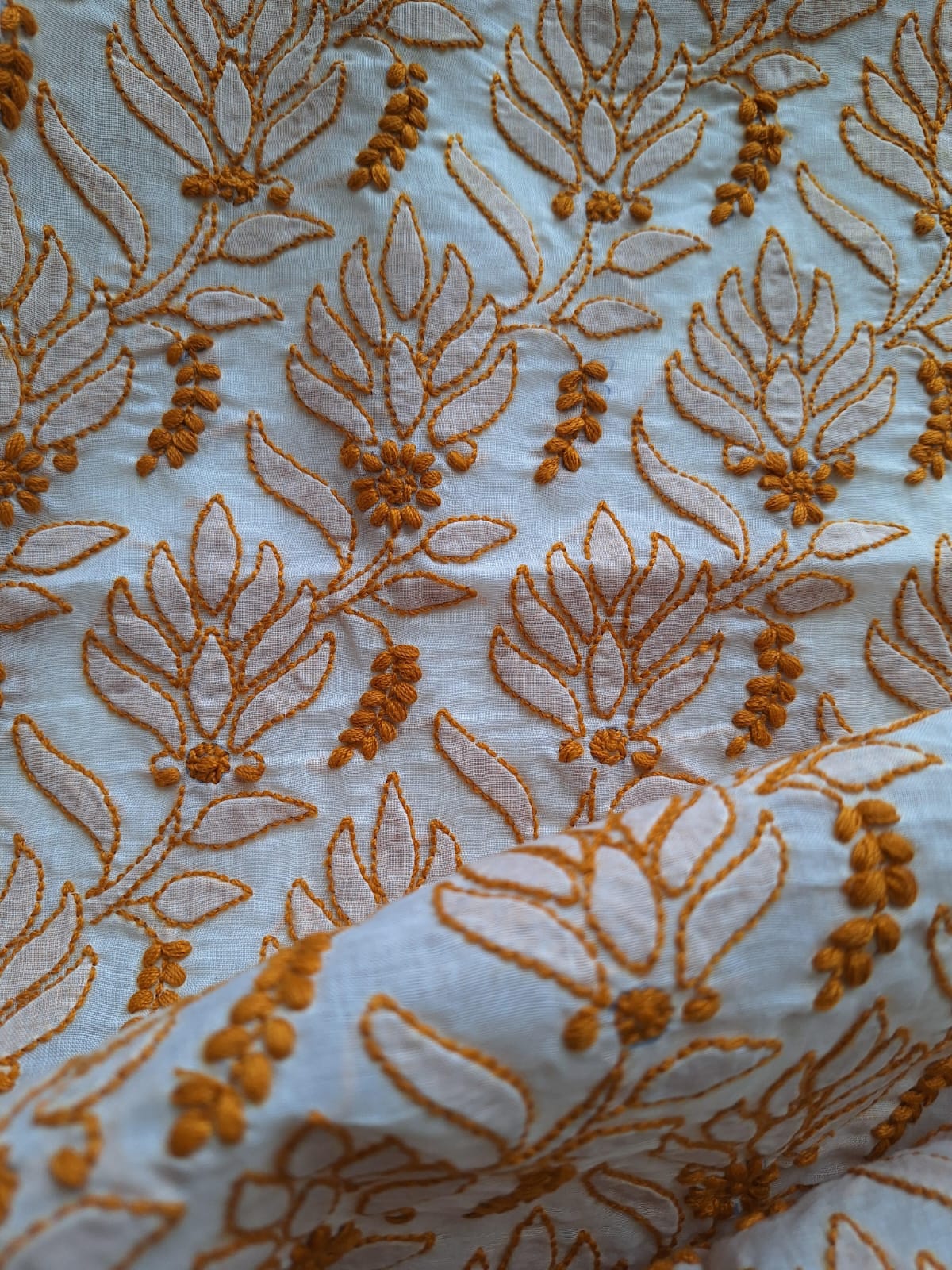 Cotton White base Kurta fabric with Colored Chikankari