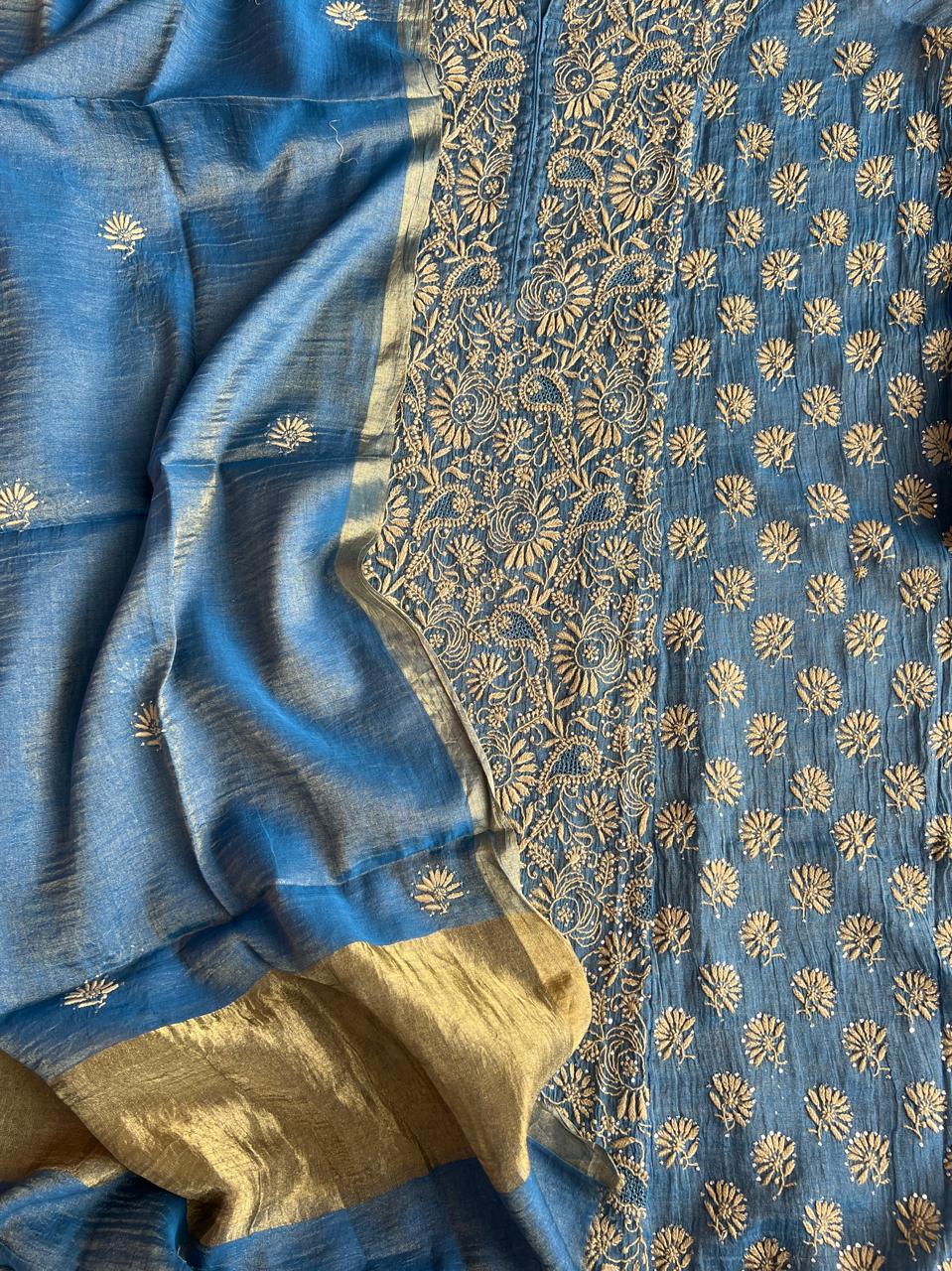 Pure Zari Tissue Semistitched Kurta Dupatta with Mukaish