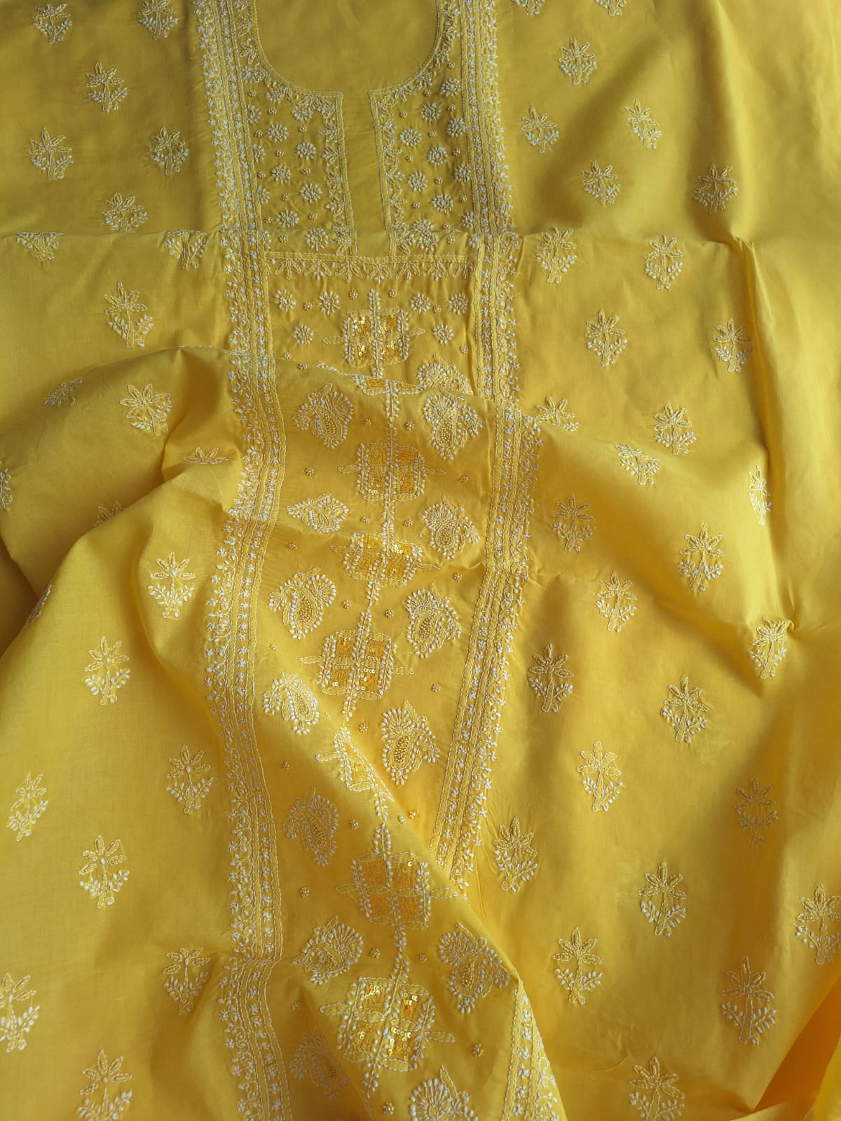 Yellow Cotton Full Set with Chikanakari and Embellishment