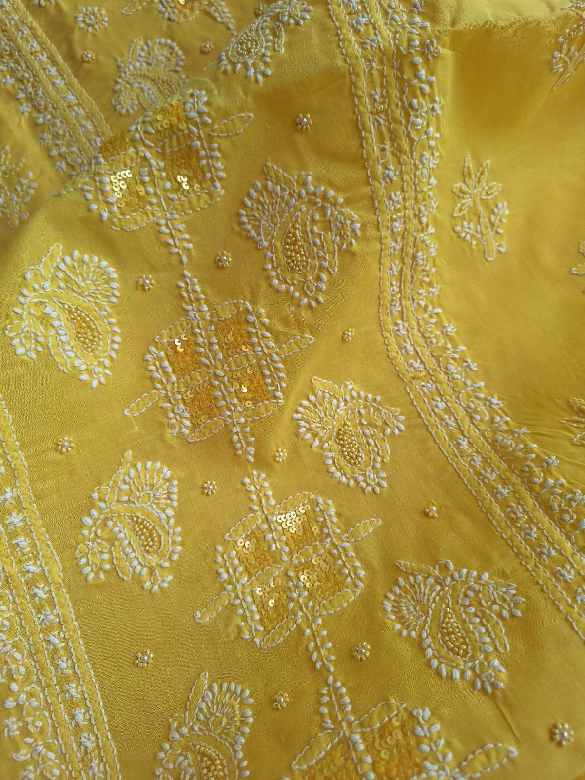 Yellow Cotton Full Set with Chikanakari and Embellishment