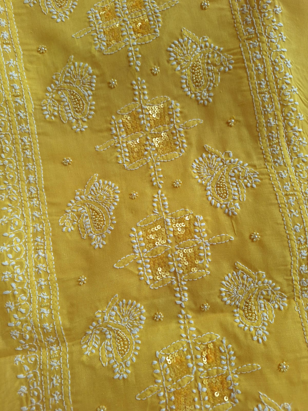 Yellow Cotton Full Set with Chikanakari and Embellishment