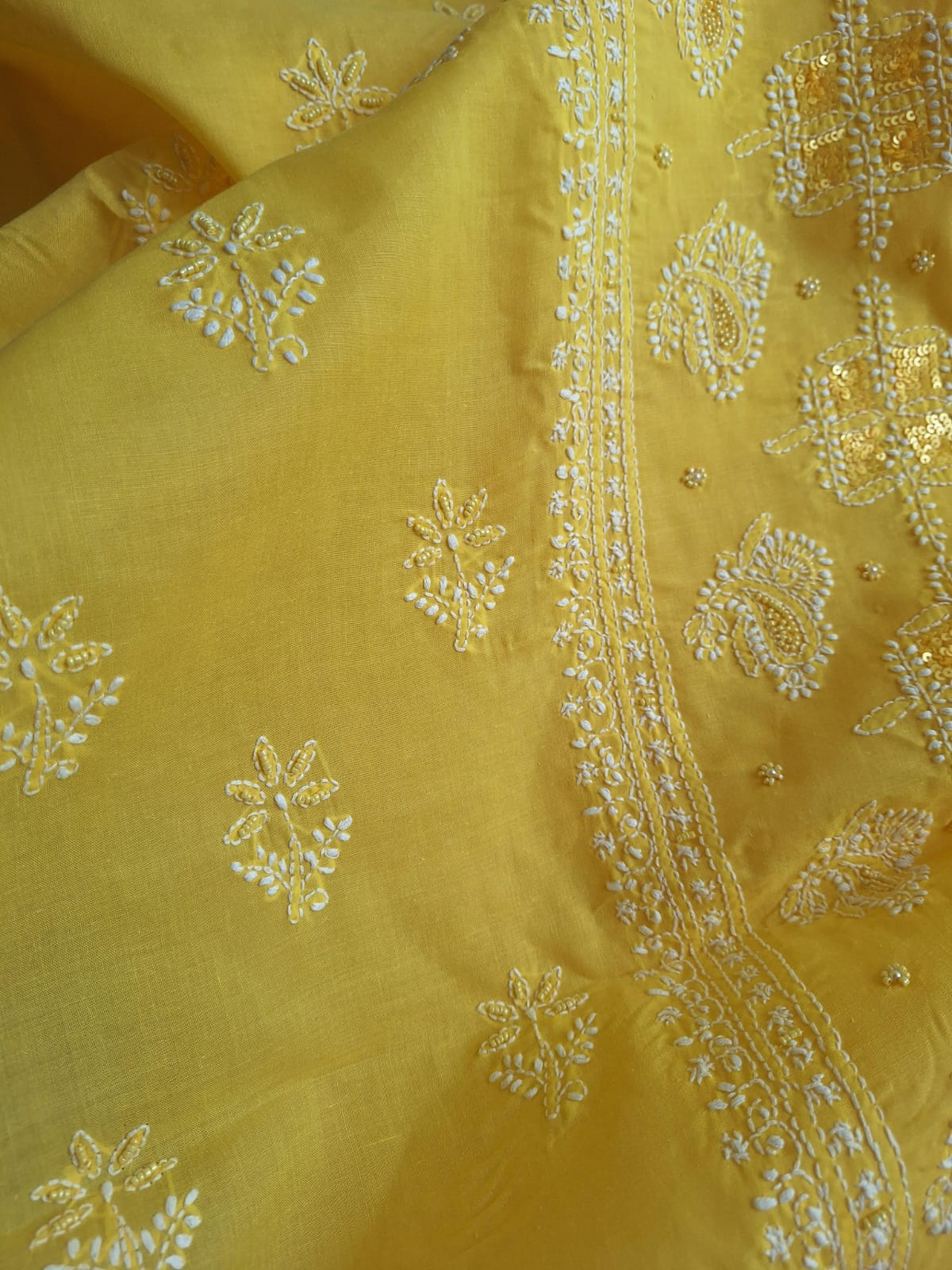 Yellow Cotton Full Set with Chikanakari and Embellishment