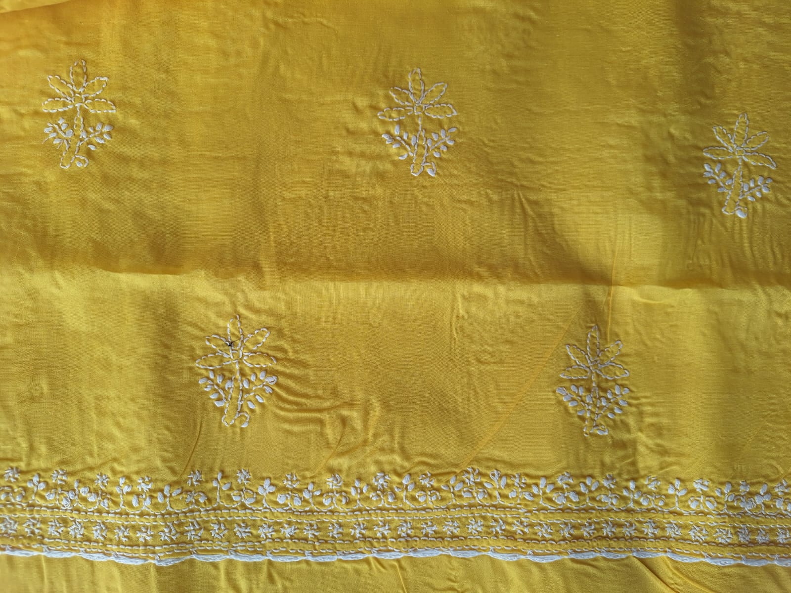 Yellow Cotton Full Set with Chikanakari and Embellishment