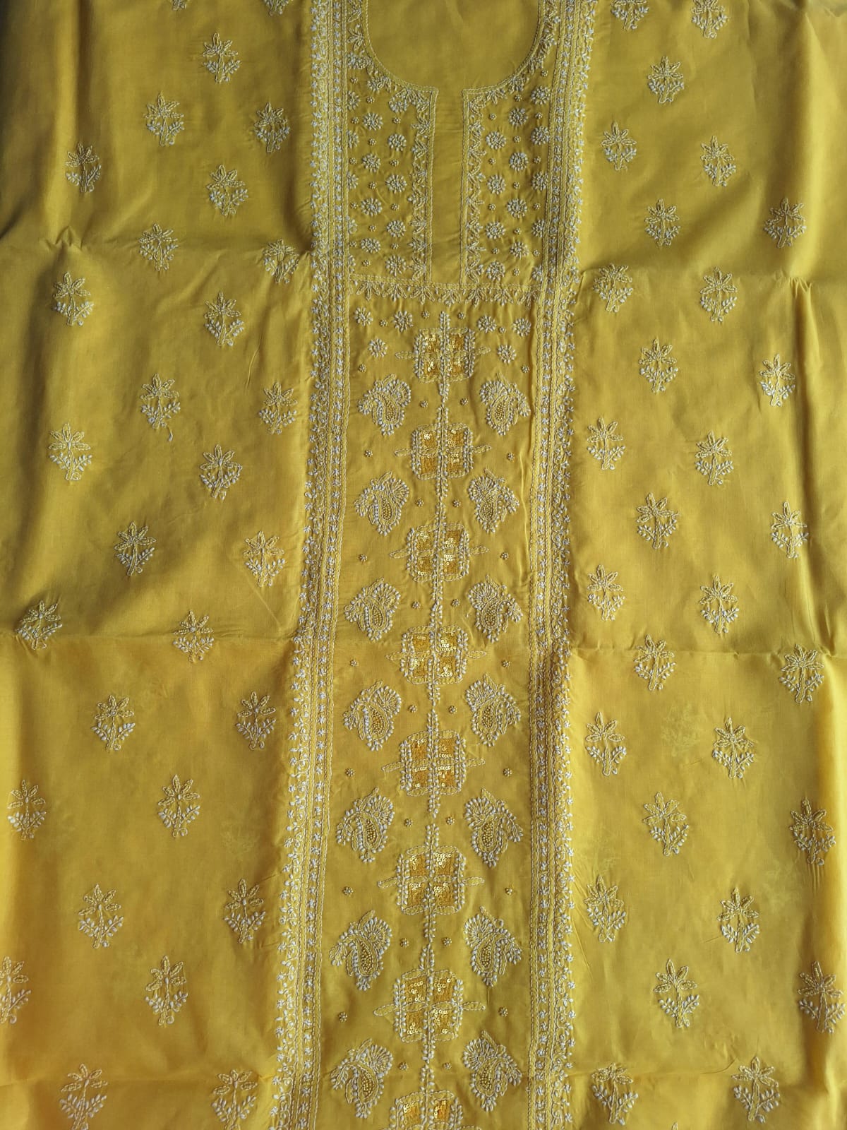 Yellow Cotton Full Set with Chikanakari and Embellishment