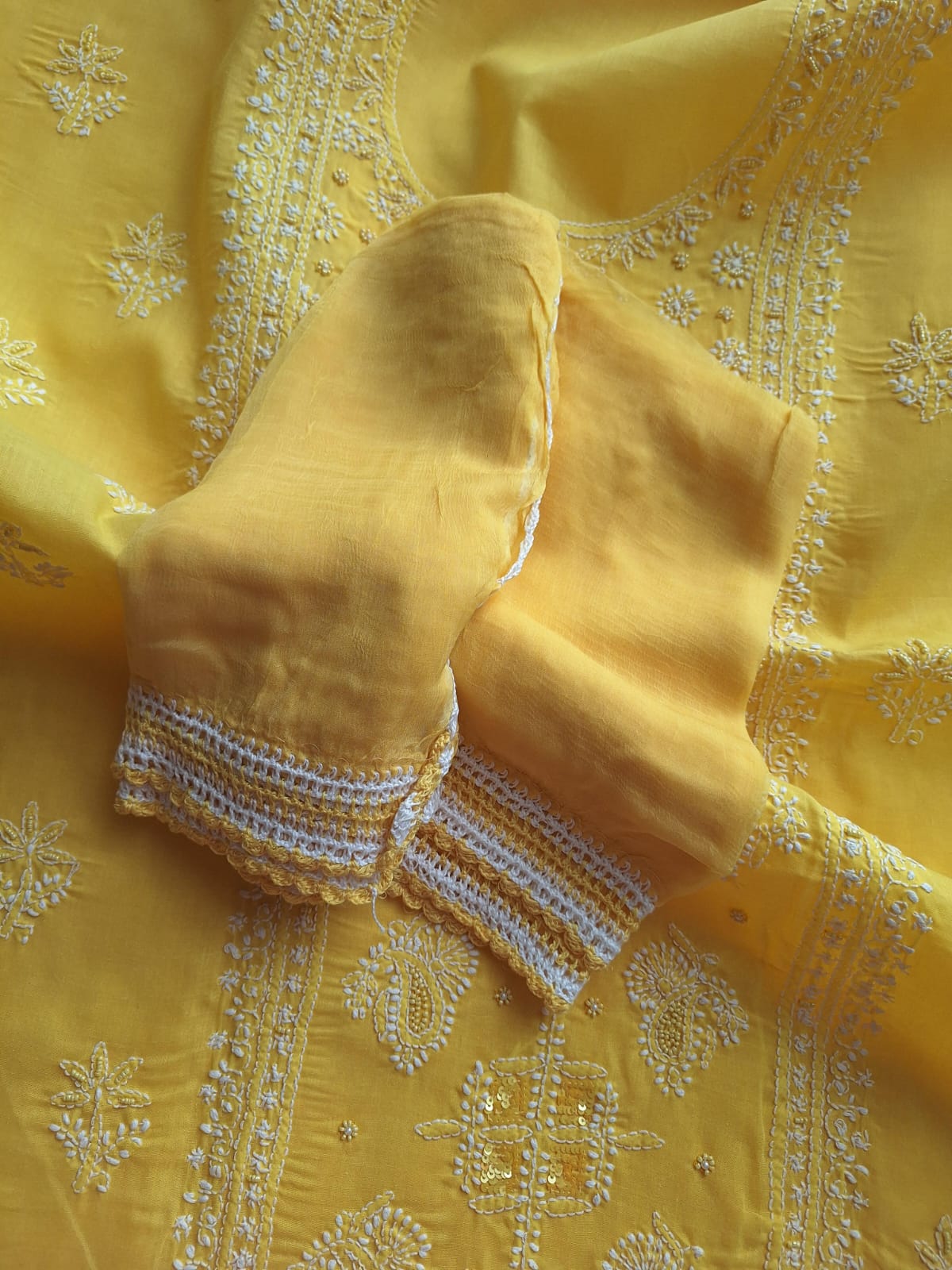 Yellow Cotton Full Set with Chikanakari and Embellishment