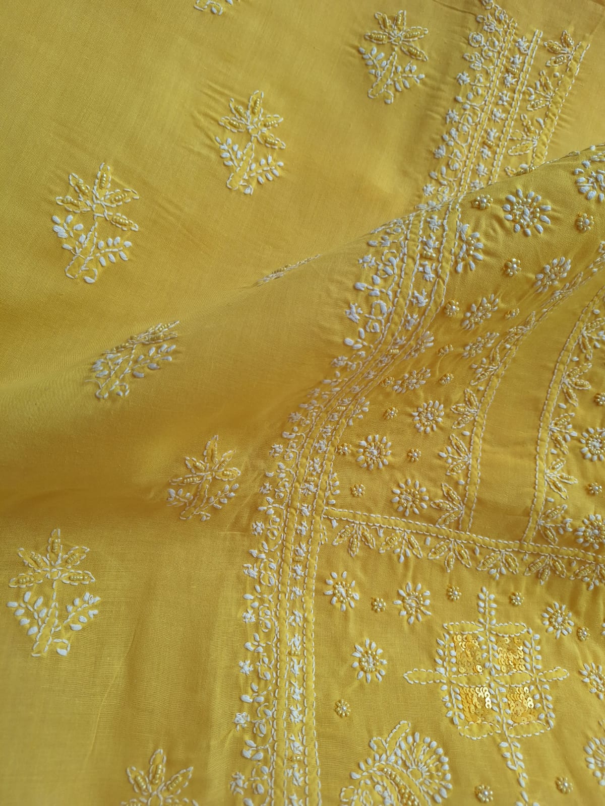 Yellow Cotton Full Set with Chikanakari and Embellishment