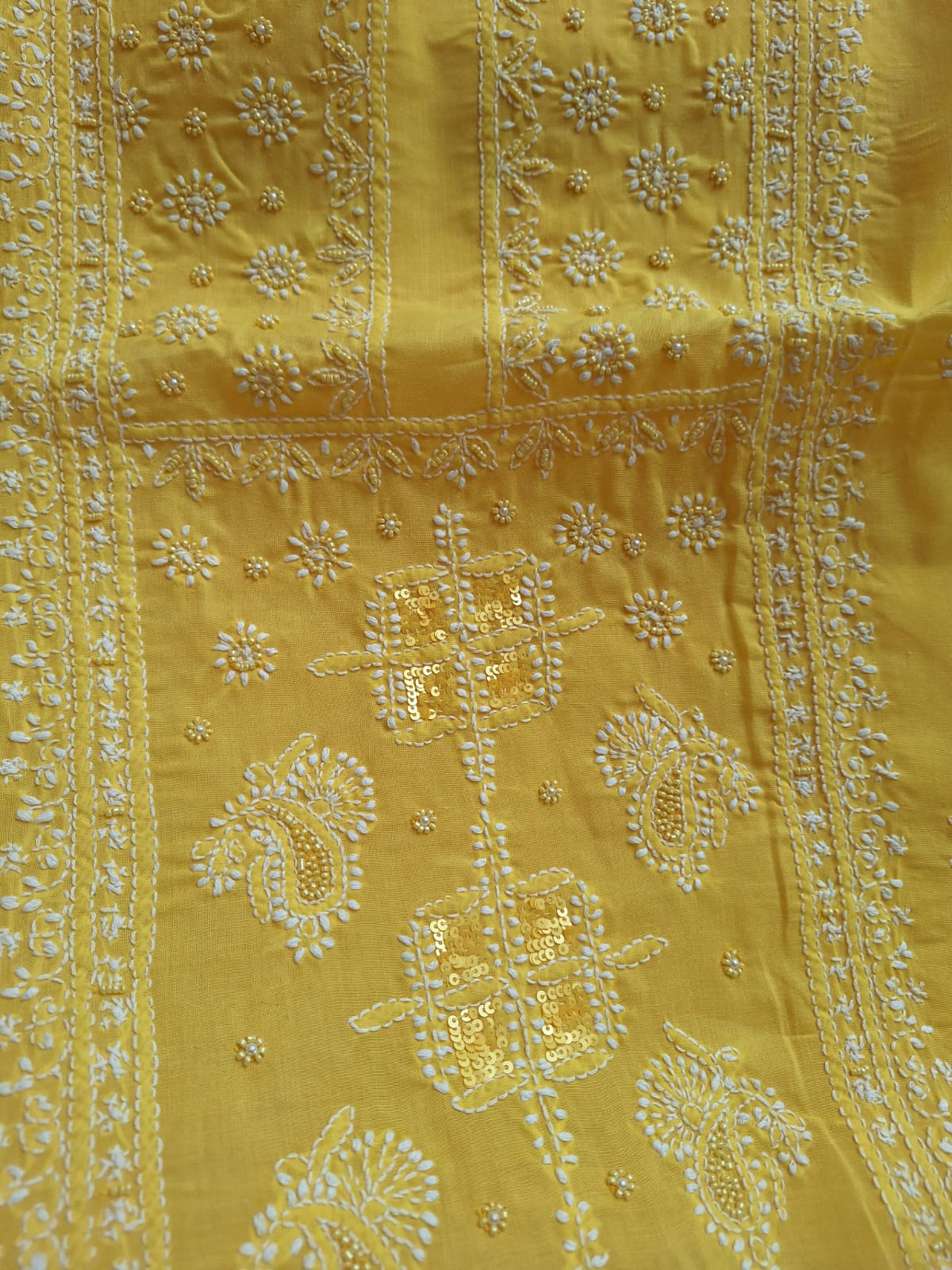 Yellow Cotton Full Set with Chikanakari and Embellishment