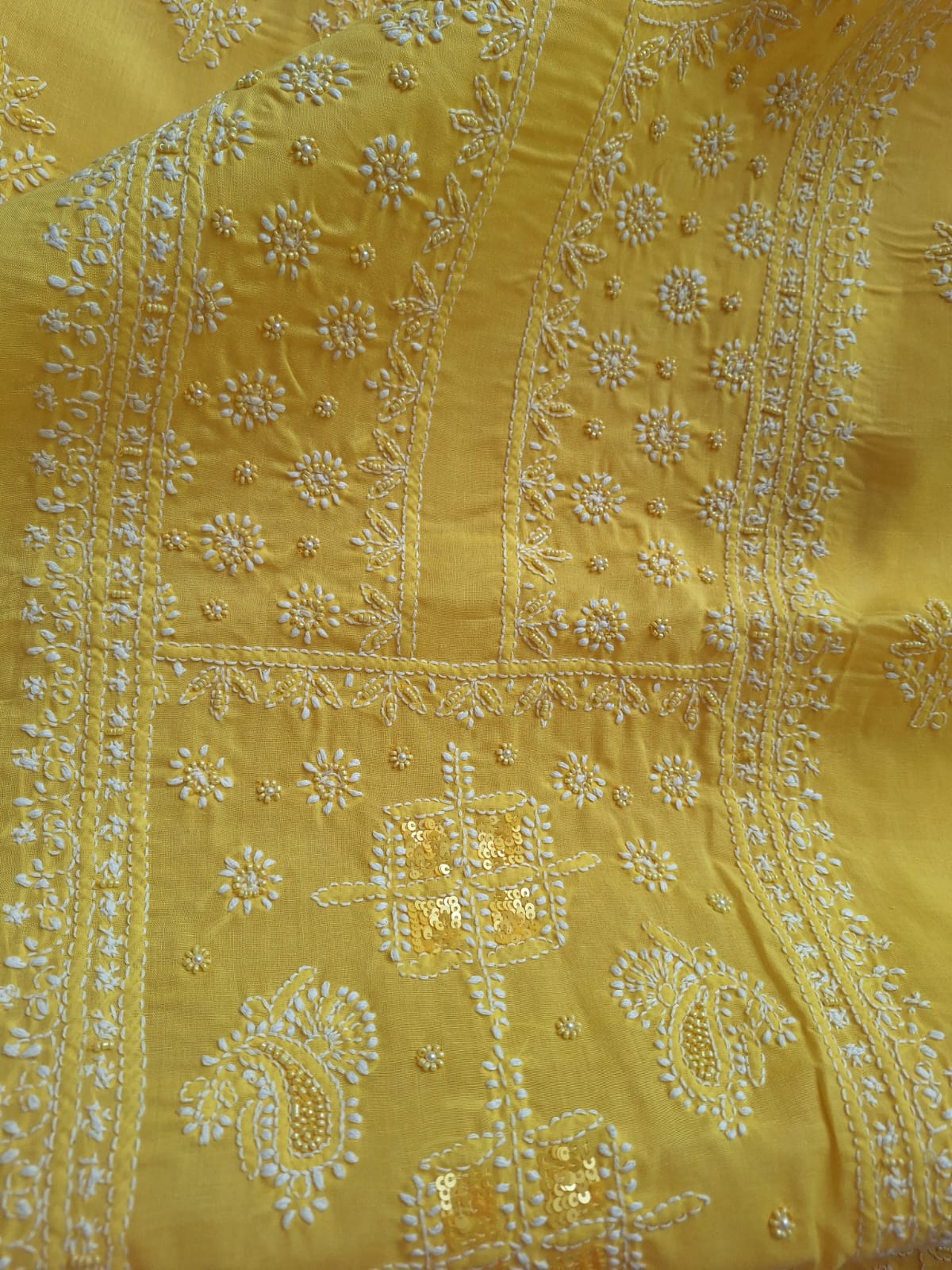 Yellow Cotton Full Set with Chikanakari and Embellishment