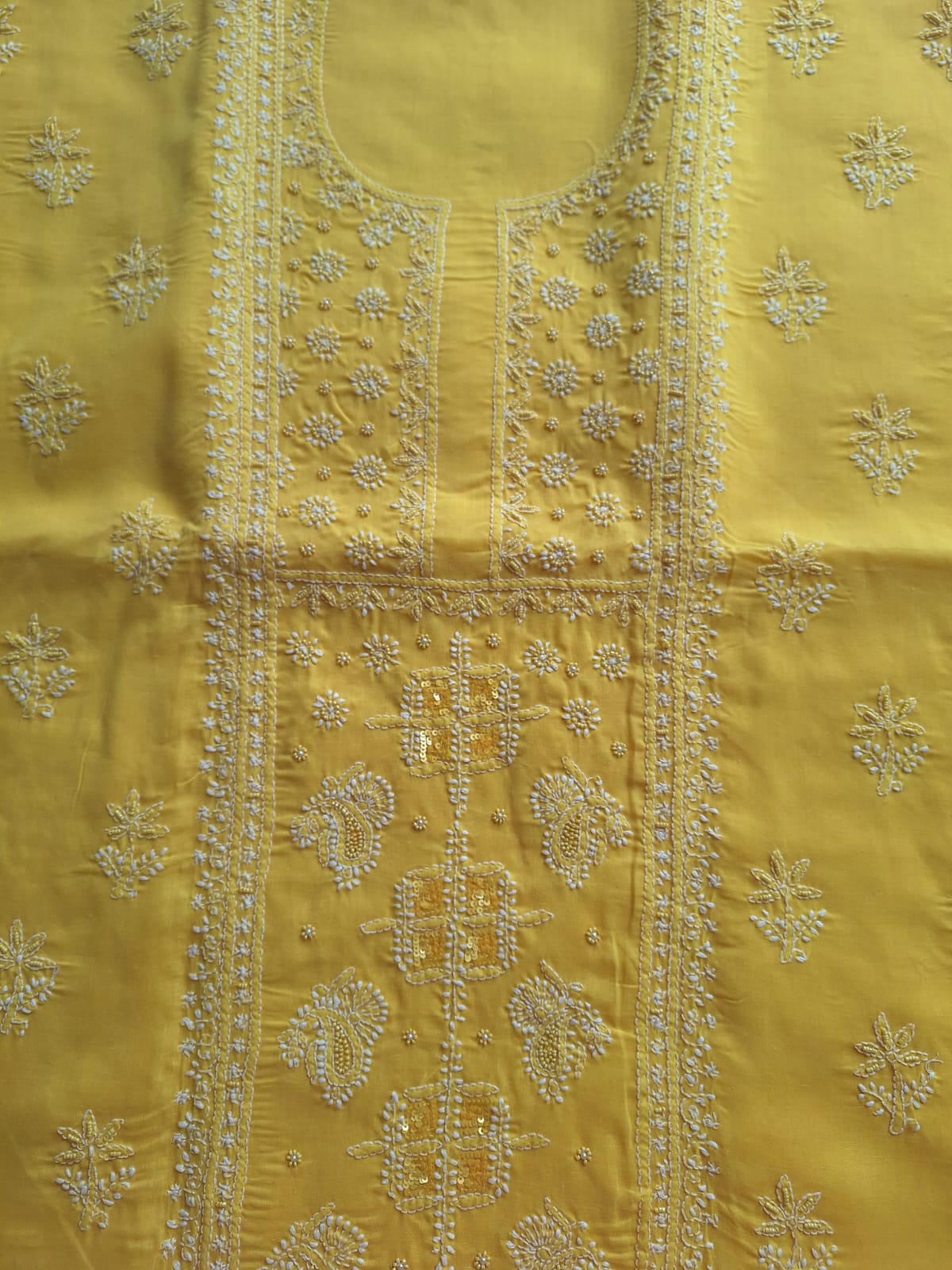 Yellow Cotton Full Set with Chikanakari and Embellishment