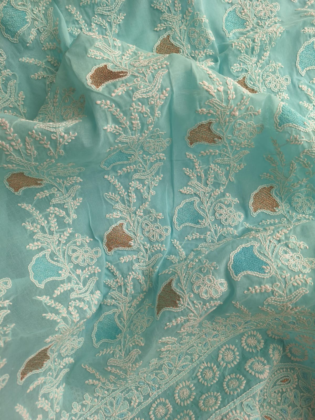 Sky Blue Cotton Full set with chikan and Aari work