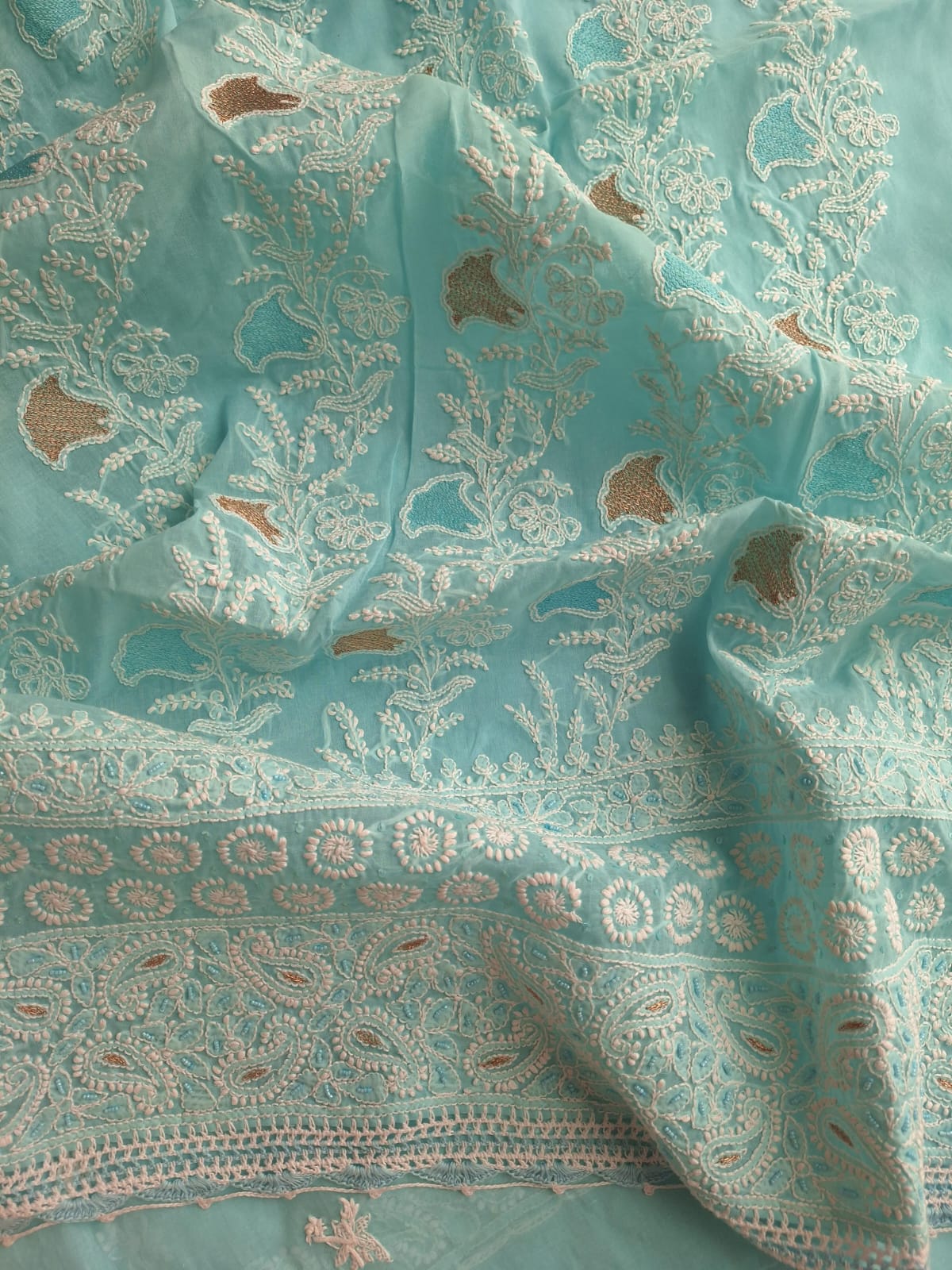 Sky Blue Cotton Full set with chikan and Aari work