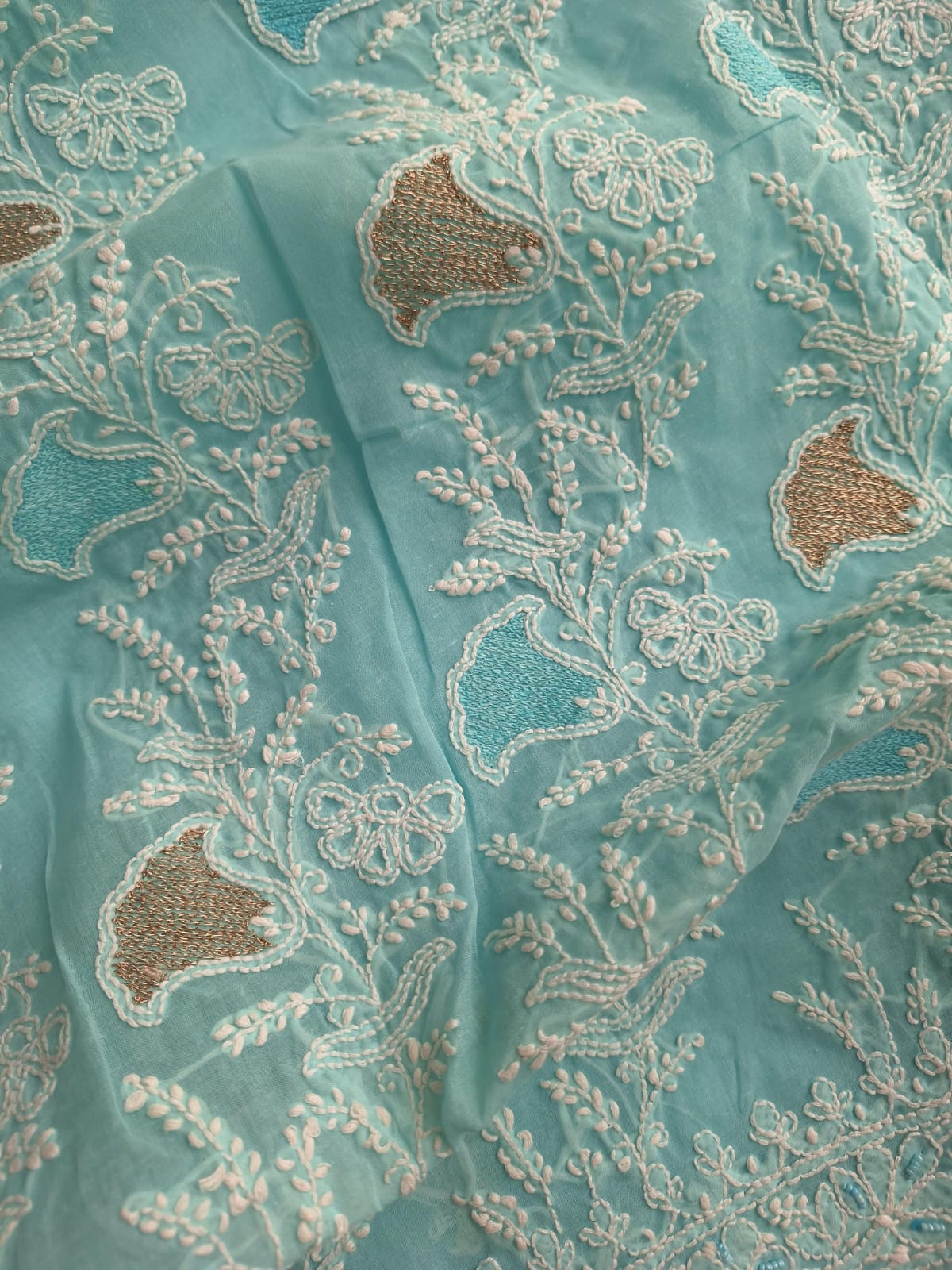 Sky Blue Cotton Full set with chikan and Aari work
