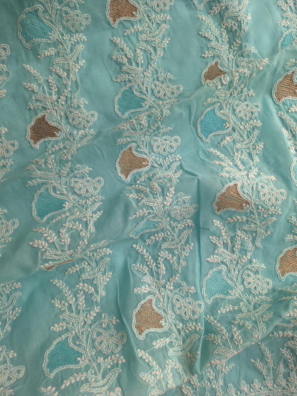 Sky Blue Cotton Full set with chikan and Aari work