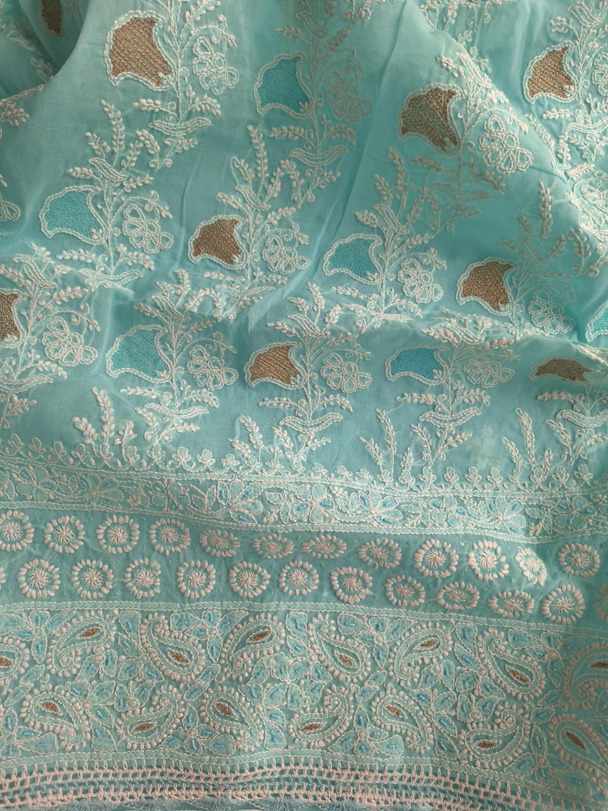 Sky Blue Cotton Full set with chikan and Aari work