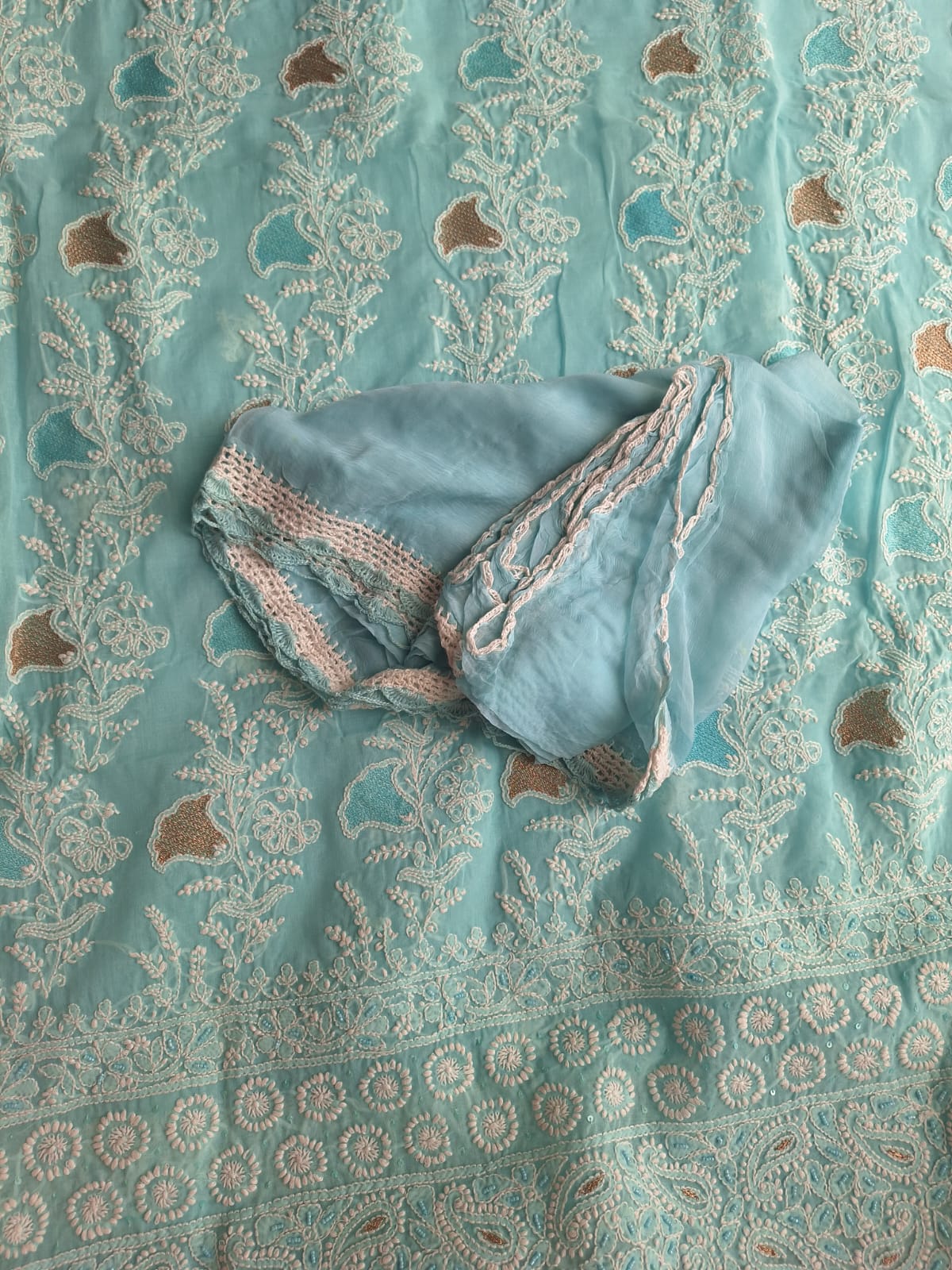 Sky Blue Cotton Full set with chikan and Aari work