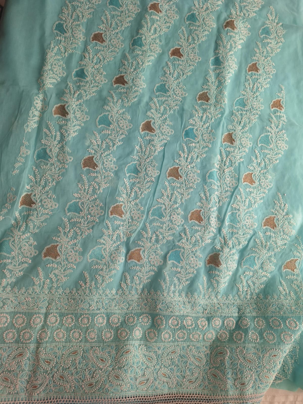 Sky Blue Cotton Full set with chikan and Aari work