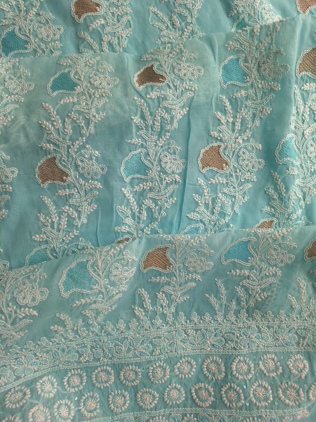 Sky Blue Cotton Full set with chikan and Aari work