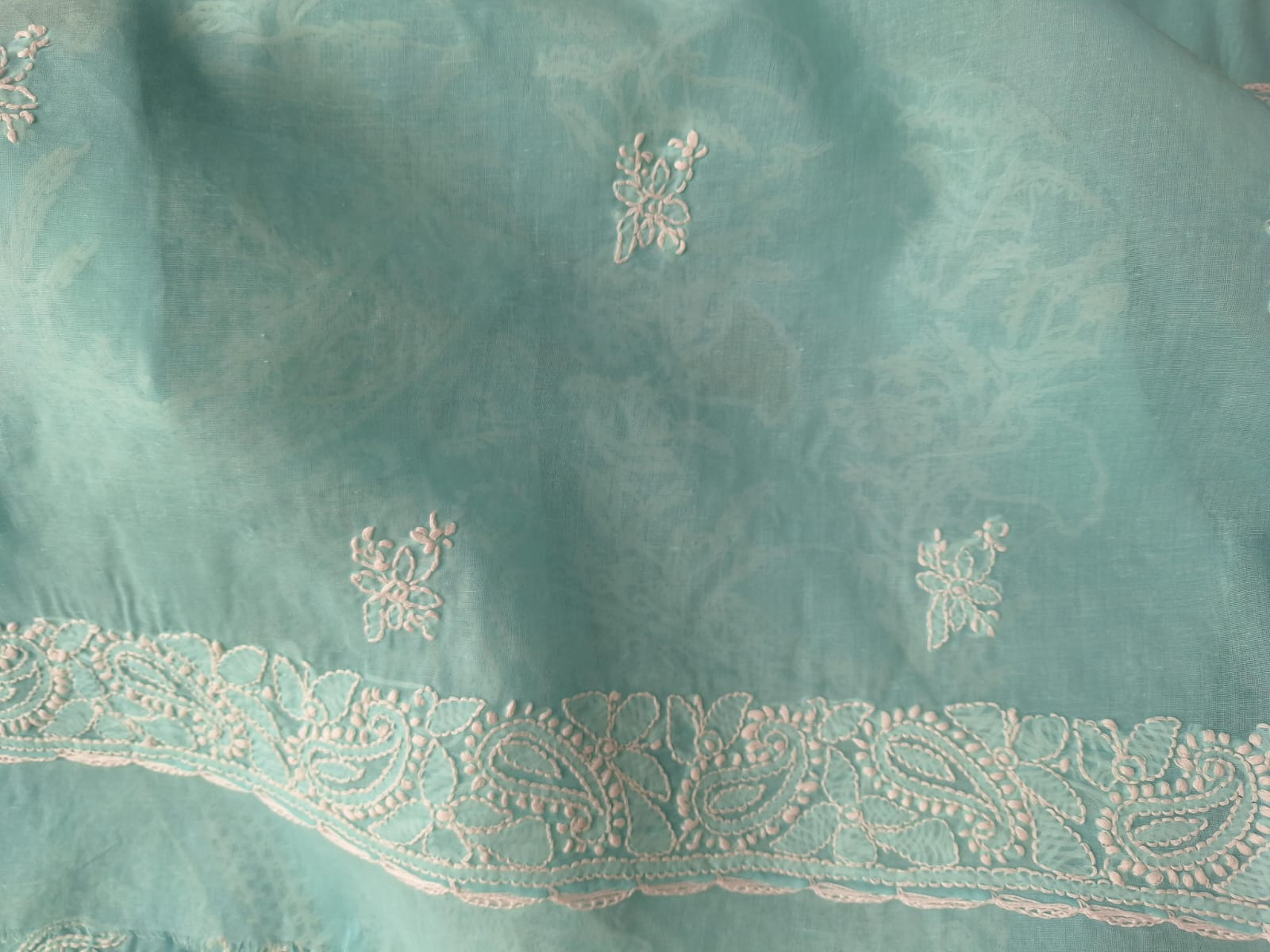 Sky Blue Cotton Full set with chikan and Aari work